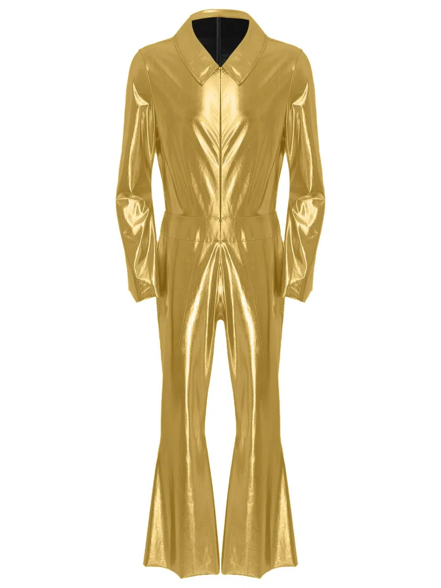 70s Disco Outfit Uomo Glitter Metallic Jumpsuit Lunga Tuta Stretch Flare Pantaloni Gamba Larga Olografica Festival Outfit