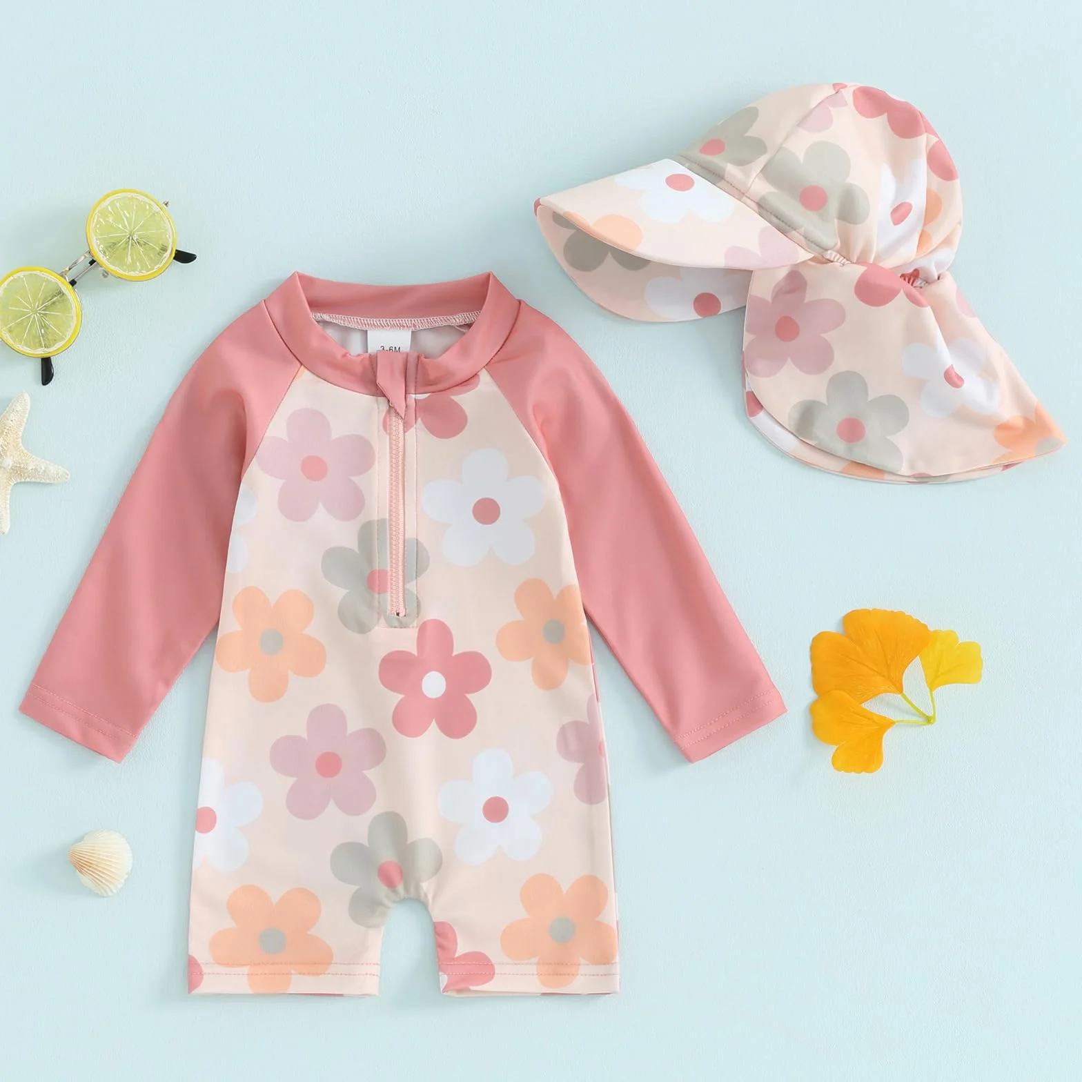 Carolilly Costume da bagno a maniche lunghe per bambini, con cerniera, anti-UV, con cappello (fiori rosa, 3-6 mesi)
