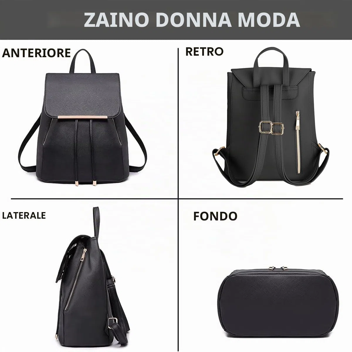 Miss Lulu Zaino Donna, Shell con Coulisse Borsa Zainetto Nero, Zaini Elegante PU Pelle Impermeabile, Medio Antifurto Scuola Lavoro Viaggio Università
