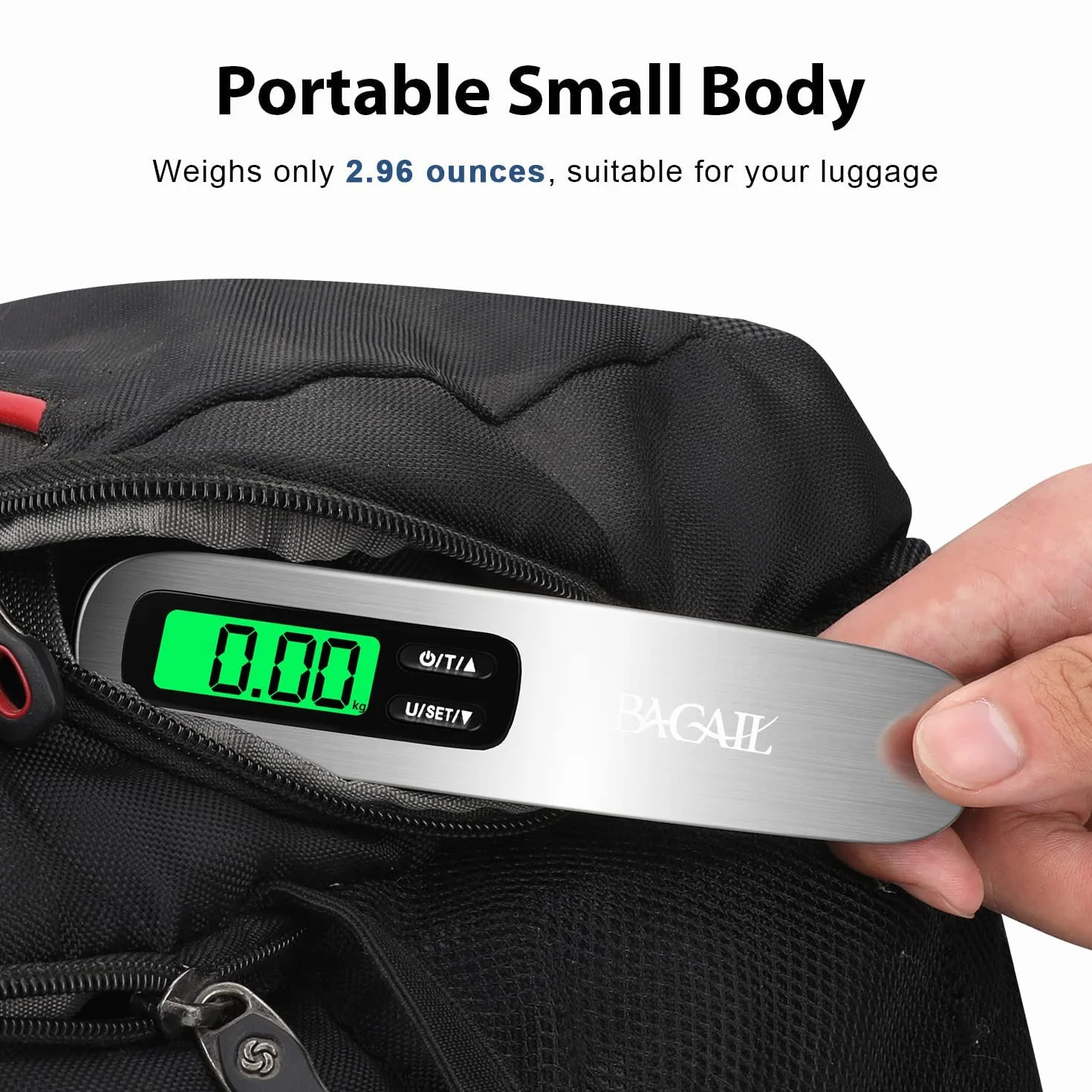 BAGAIL Bilancia per bagagli digitale, Pesavaligie Sospesa con Display LCD Retroilluminato, Bilancia da Viaggio, Bilancia per Valigie Portatile con Gancio, Capacità 110 libbre/50 kg, Batteria Inclusa