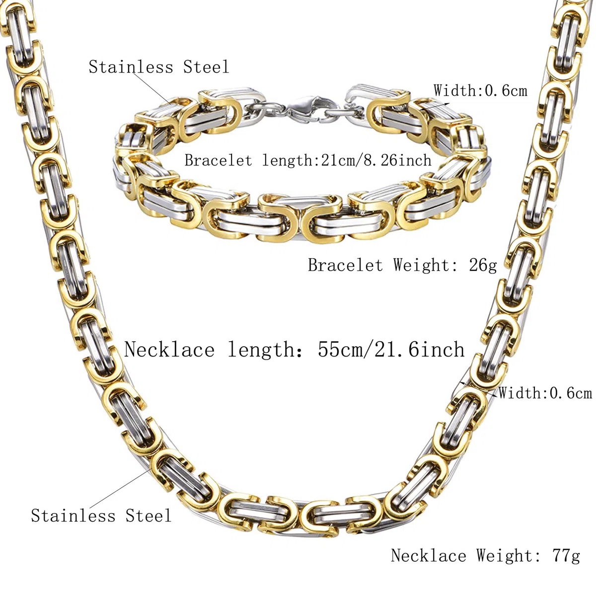 Set collana e bracciale per uomo, collana in acciaio inox, larghezza: 6 mm, da uomo, colore oro e acciaio, Acciaio inossidabile, Nessuna pietra preziosa
