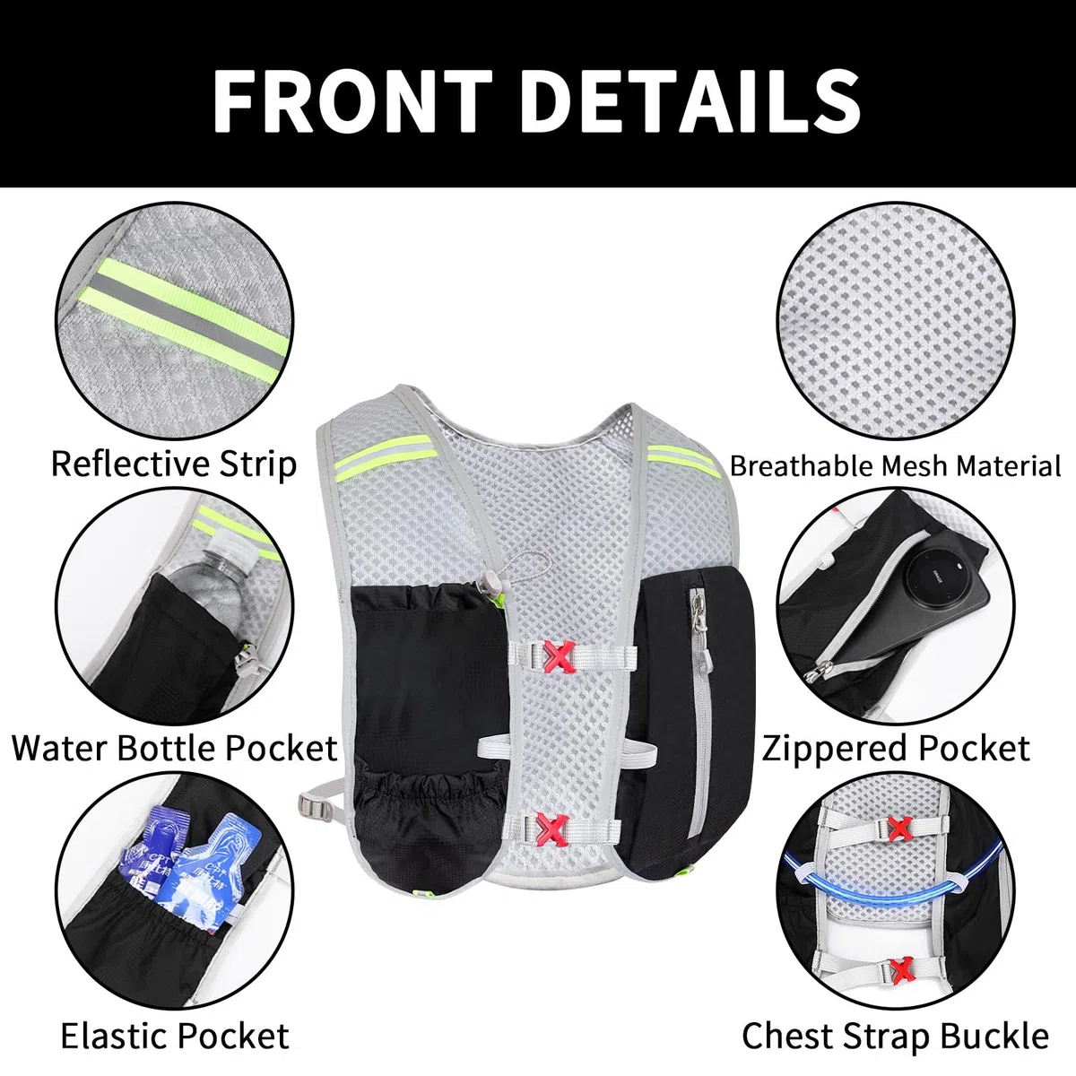 Gilet da corsa per donne e uomini, leggero, con sacca d'acqua da 2 l, per escursionismo, corsa, jogging, ciclismo, corsa, maratona, nero