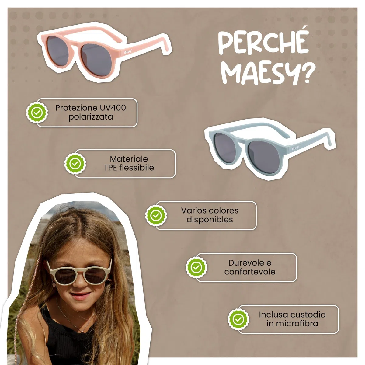 Occhiali da Sole per Bambina, 3-6 Anni, Protezione Polarizzata UV400, Montatura Flessibile e Pieghevole, Occhiali da Sole Sicuri e Comodi per Bambino, Faela