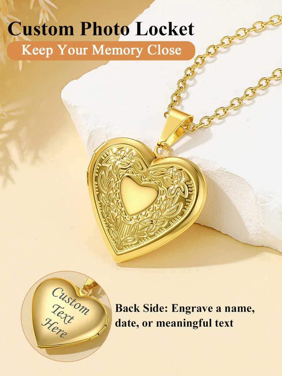 Custom4U Collana Donna Personalizzata Argento Oro Rosa Collana Foto Nome Rame Ipoallergenico Forma Cuore Fiore Rosa in Rilievo Regalo Commemorativo per Famiglie Mamma Amici