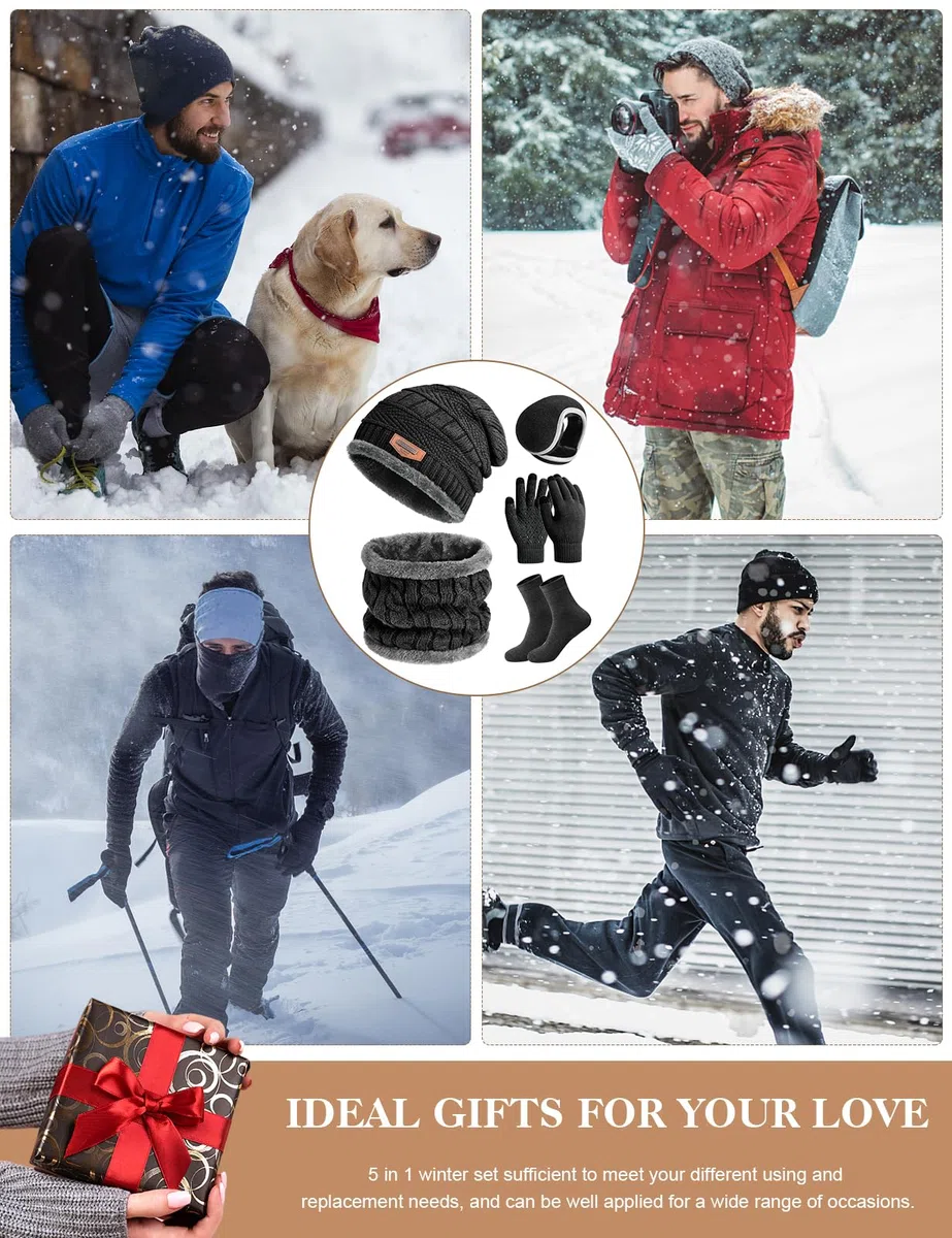 Xnova Cappello Sciarpa e Guanti Touch Screen Uomo con Scaldaorecchie e Calzini Invernale, Morbido Set Scaldacollo Berretto in Maglia 5 Pezzi Unisex, Caldo Cappelli Fodera Pile Invernali (Nero)