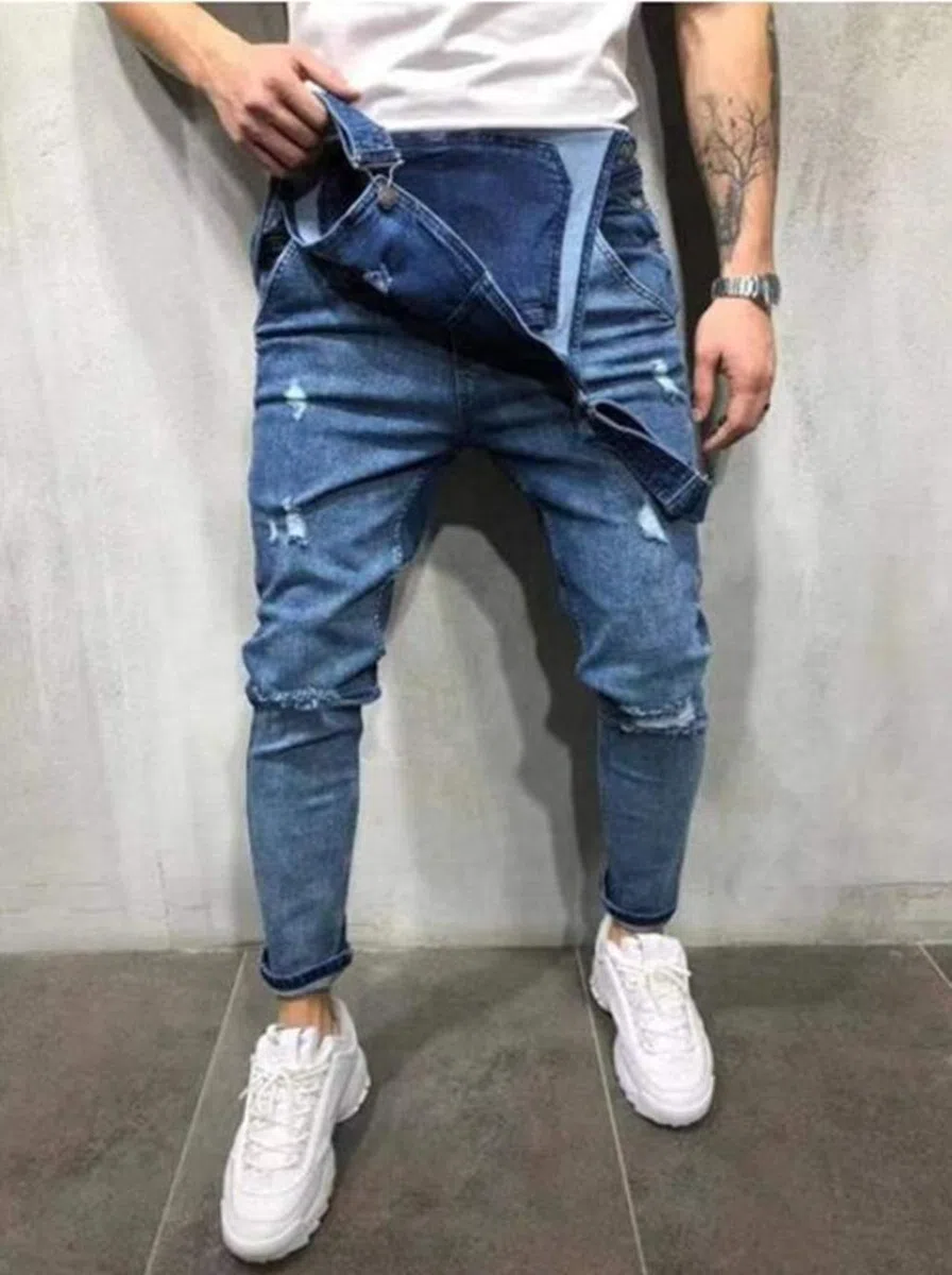 FANSU Salopette da Uomo con Jeans, Tuta di Jeans Strappati Moda Lavaggio Rotto Tasca Pantaloni Reggicalze Pantaloni Casual da Elasticizzato