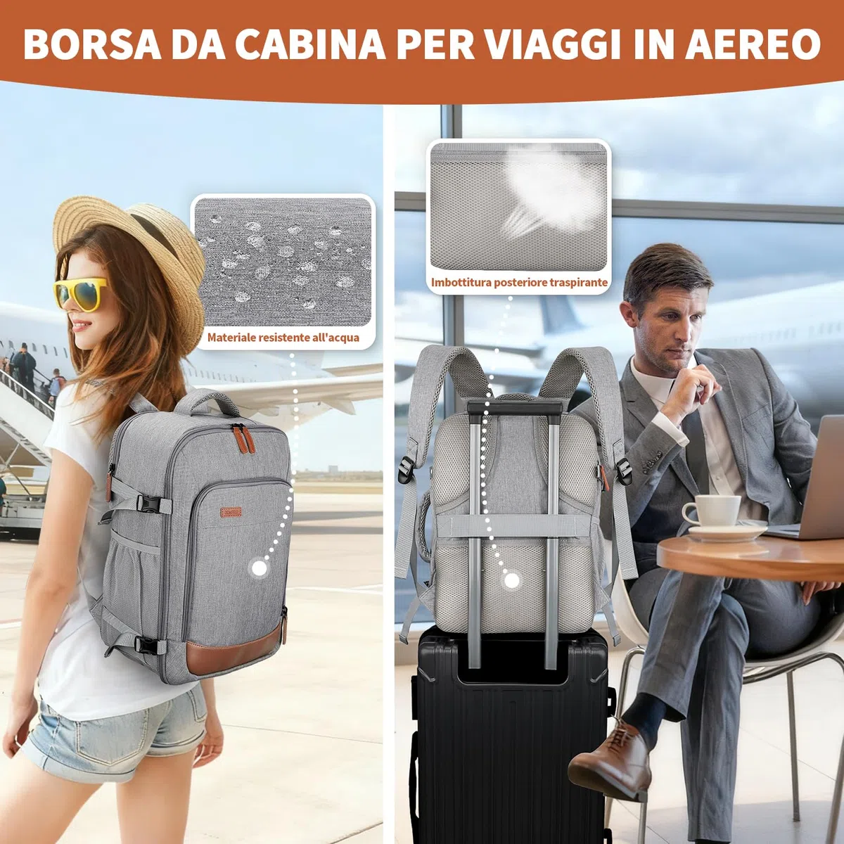 ZOMFELT Zaino Ryanair 40x30x20, 24L Bagaglio a Mano Zaino da Viaggio Donna, Zaino Impermeabile per Laptop da 15,6 pollici per Scuola e Lavoro Trekking, Zaino casual per EasyJet,Wizz Air, Grigio