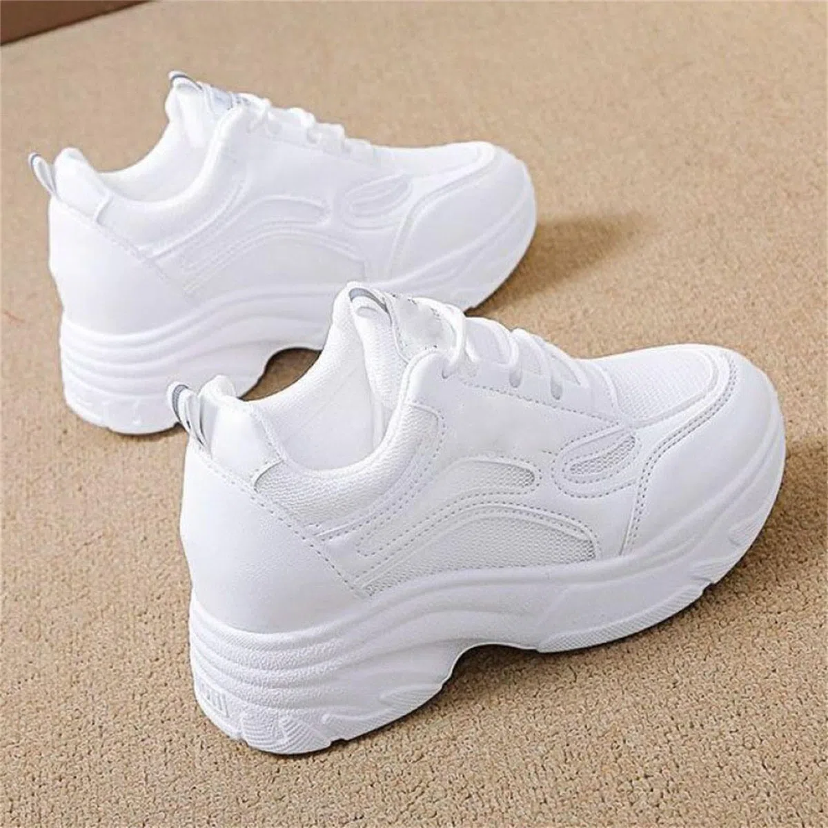 Scarpe da ginnastica da donna bianche con tacco, traspiranti, in pelle, con zeppa, scarpe sportive rialzate, per il tempo libero, scarpe da passeggio, suola morbida, scarpe da donna