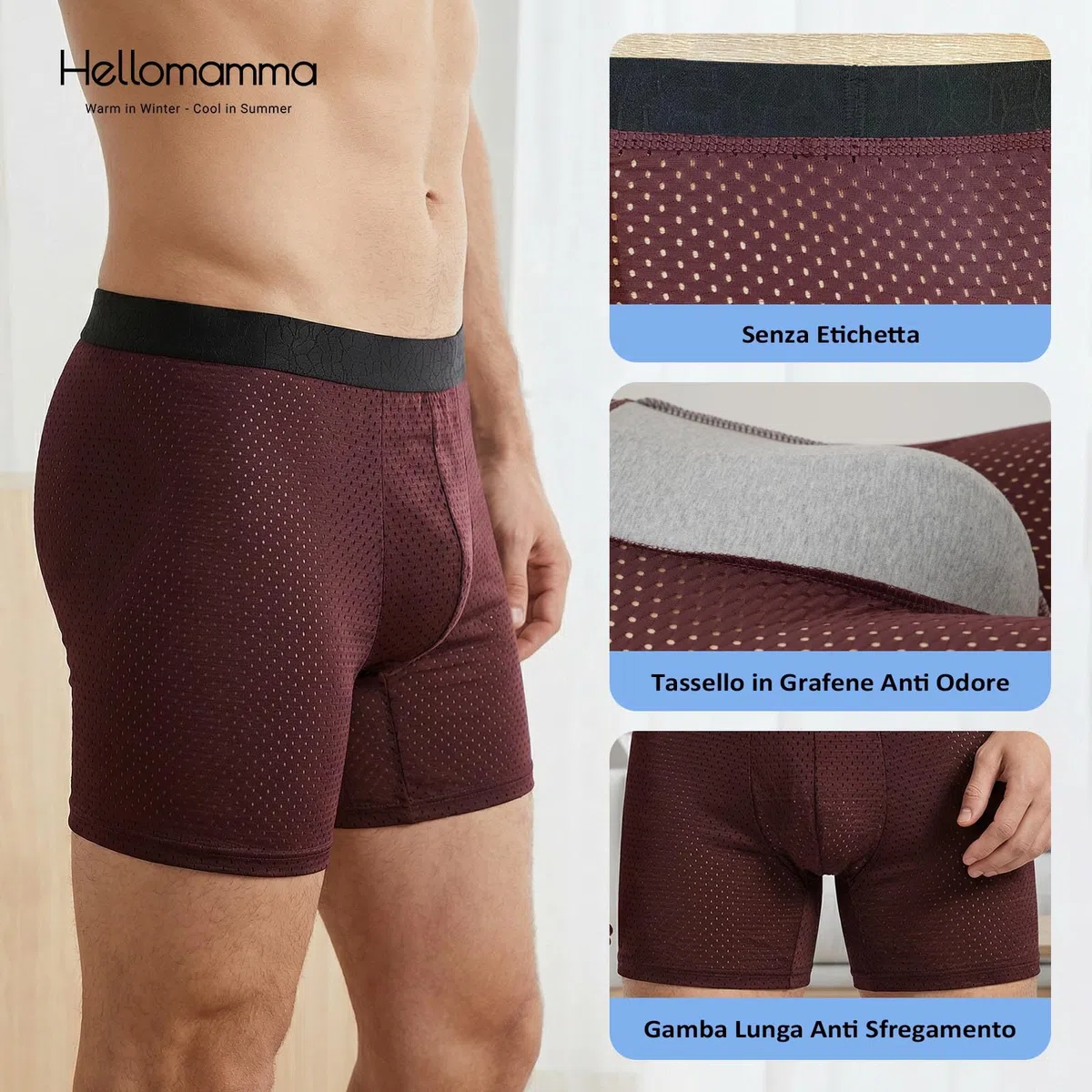 Hellomamma Boxer Uomo Mutande Lunghi: Antisfregamento Gamba Lunga Traspirante Intimo Uomo - Rete Seta Ghiaccio Comodi Senza Etichette Sportivi Quotidiano Confezione da 4