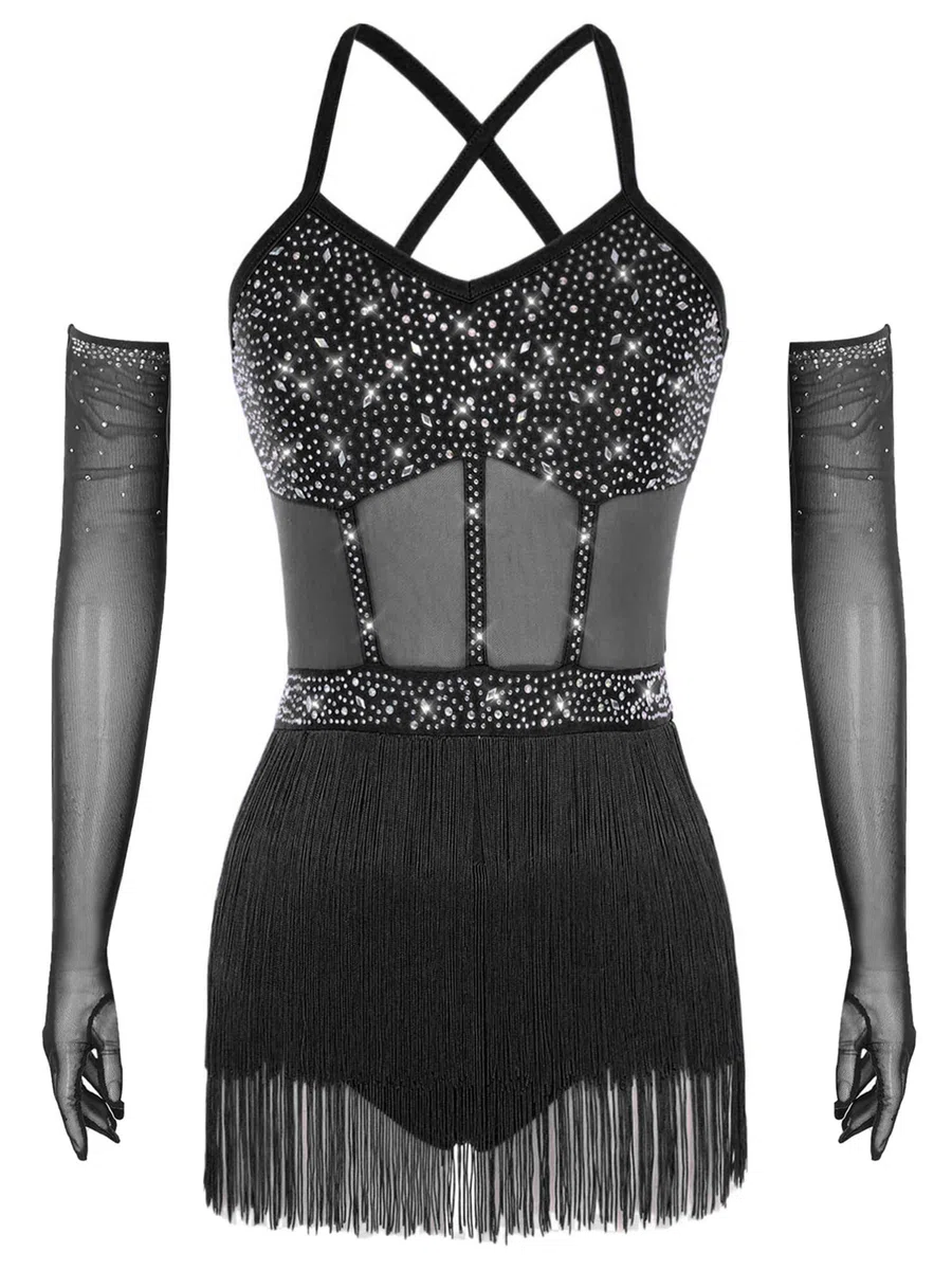 dPois Vestito da Ballo Latino Americano Tango Donna con Guanti Abito da Pattinaggio Artistico con Frange Nappe Body Ginnastica Ritmica Costume Danza Samba Rumba Salsa