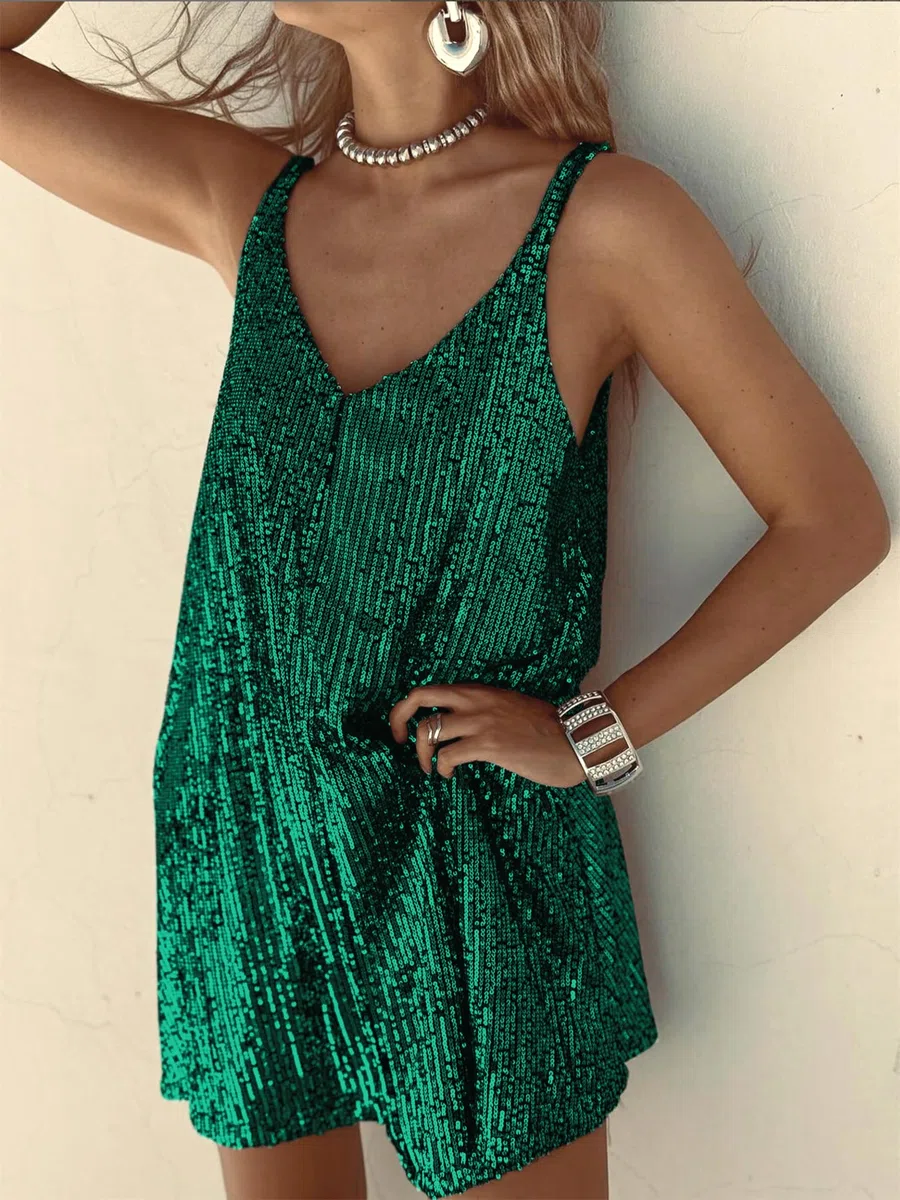 Gonna in Paillettes Abito Corto da Donna Abito Camisole Sexy con Scollo a V,Bretelle Sexy, Abito in Paillettes, Abito Aderente