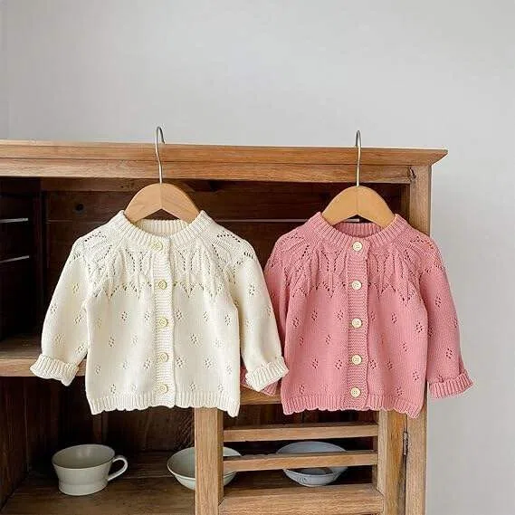 Cardigan Bambina - Maglia Cotone Manica Lunga Scollo Tondo Bottoni Maglia Jacquard - Cappottino Primavera Autunno per Neonate 3M-3 Anni