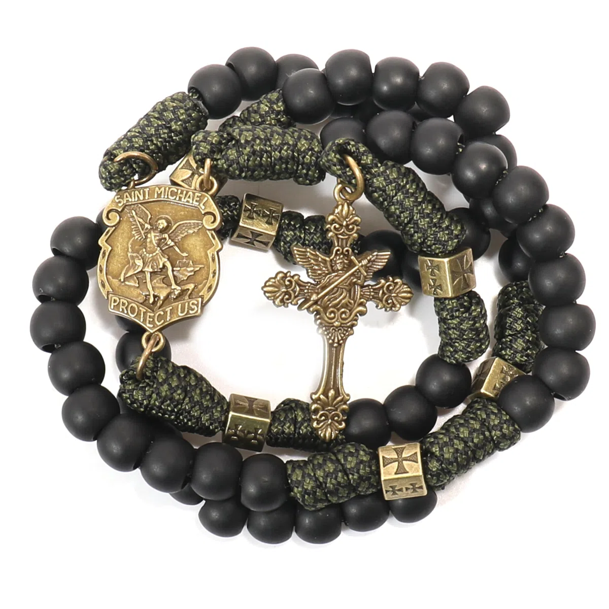 Nazareth Store Collana con rosario in paracord resistente e robusto in metallo color bronzo antico, perline di preghiera nere opache con medaglia di San e crocifisso