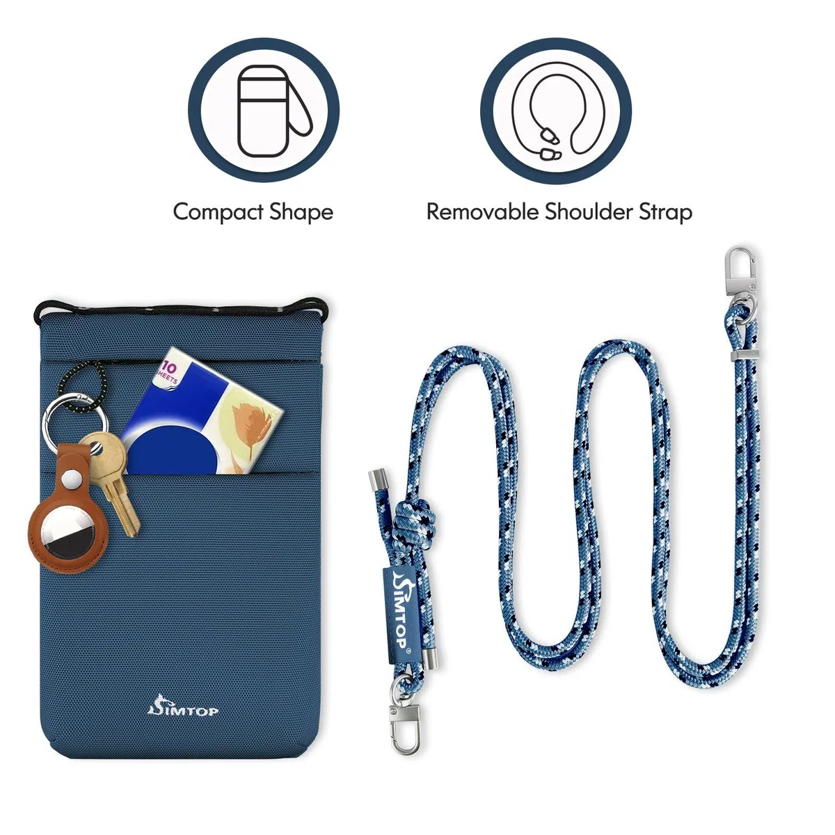 SIMTOP Custodia da Collo Impermeabile Con Protezione RFID per Uomo e Donna, Custodia Per Smartphone,Telefono Cellulare con Tracolla Per Passaporto, Borsa per Monete da Viaggio Leggera Blu