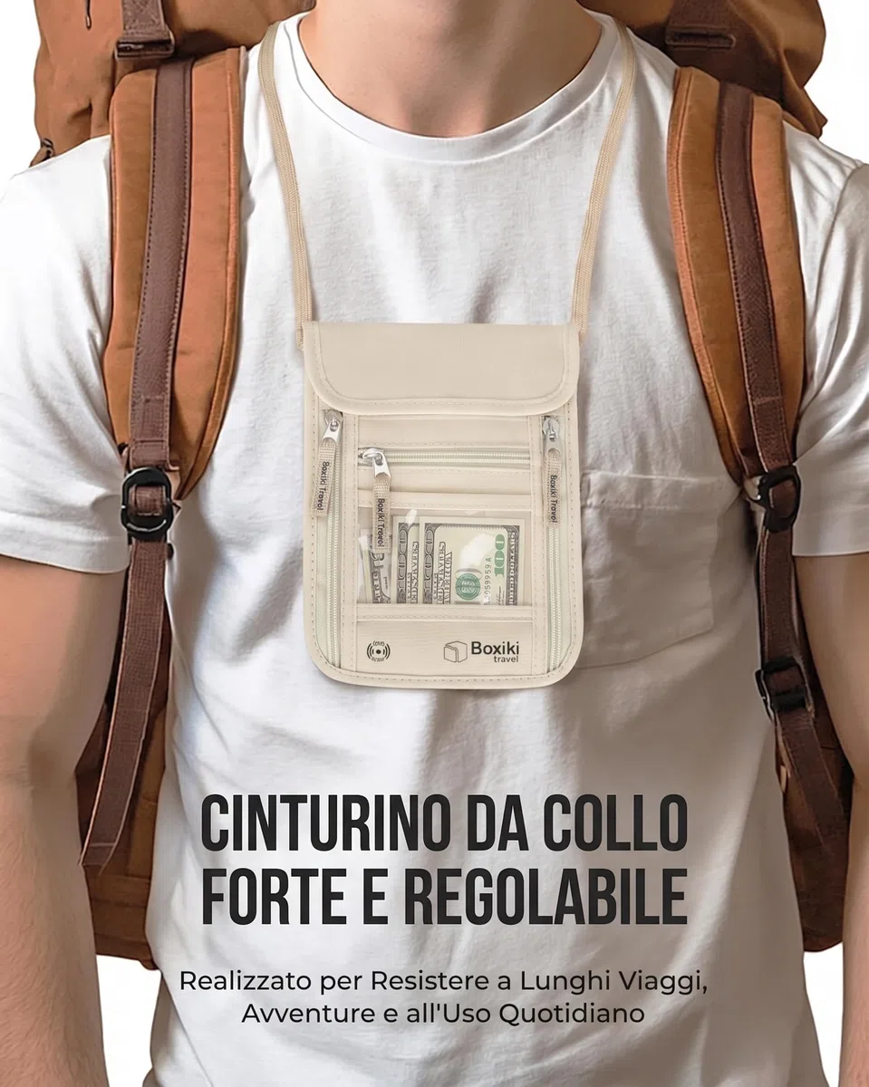 Portafoglio da Collo con Protezione RFID Beige - Borsello da Collo Antifurto in Nylon Ripstop Impermeabile con 5 Tasche e Tracolla Regolabile per Passaporto, Documenti, Carte e Contanti in Viaggio