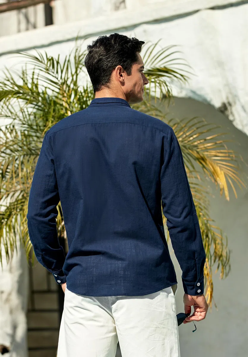 Enlision Camicia Lino Uomo Manica Lunga Estiva Cotone Henley Shirts Collo Coreana con Bottoni Tinta Unita Elegante Casual da Spiaggia S-4XL