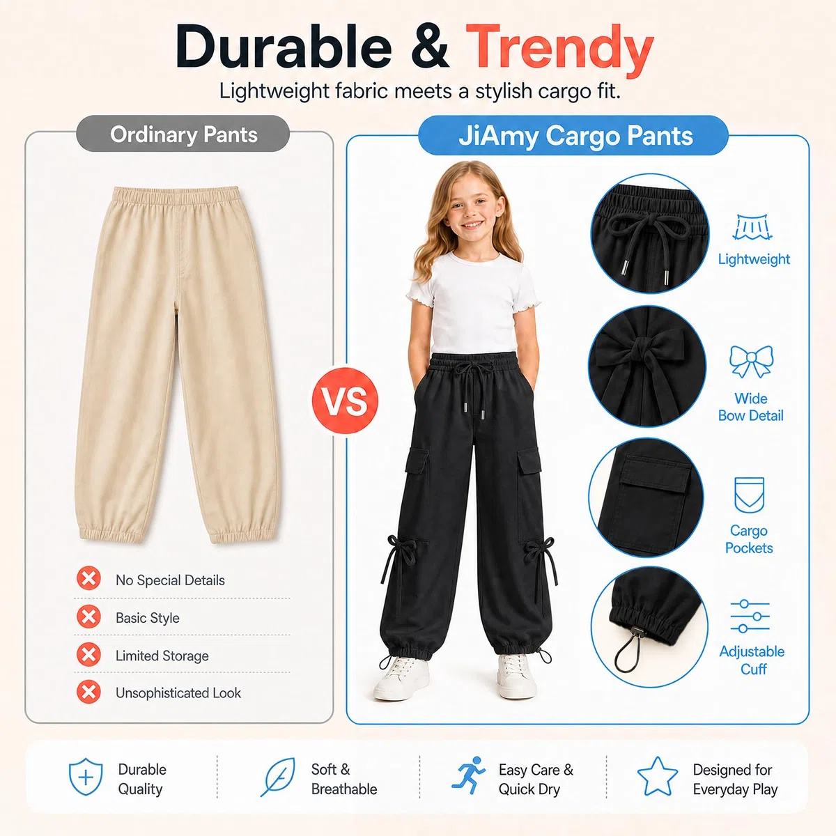 JiAmy Pantaloni cargo larghi da ragazza, con fiocco, elastico in vita, gamba larga, traspiranti, Y2K, estivi, casual, per danza, scuola, gioco, 5-14 anni