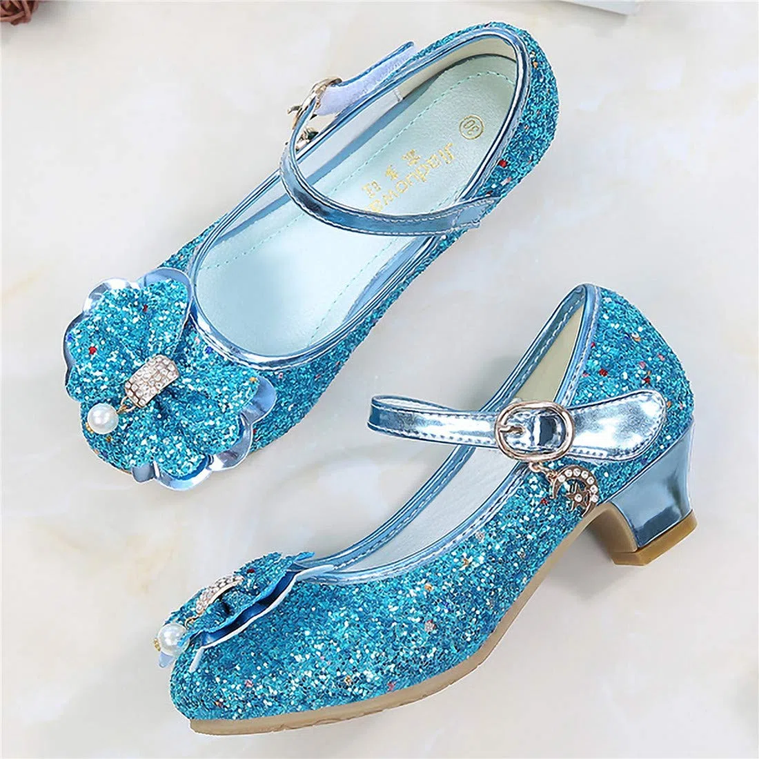 Ragazza Principessa Scarpe con Tacco Pendenti Scarpe Cristallo Partito Glitter Pumps Festive Carnevale Party Halloween Natale Blu,EU26-38