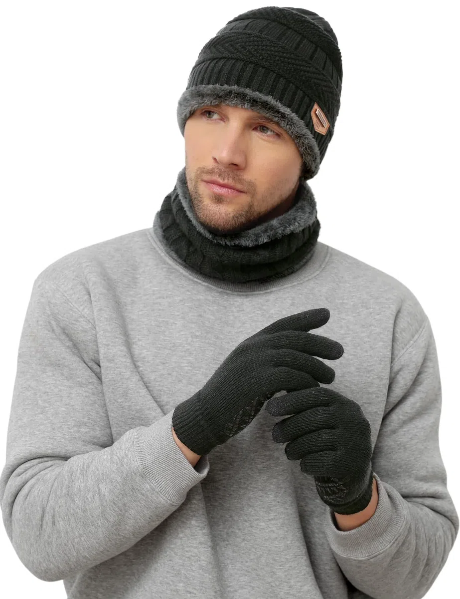 Xnova Cappello Sciarpa e Guanti Touch Screen Uomo con Scaldaorecchie e Calzini Invernale, Morbido Set Scaldacollo Berretto in Maglia 5 Pezzi Unisex, Caldo Cappelli Fodera Pile Invernali (Nero)