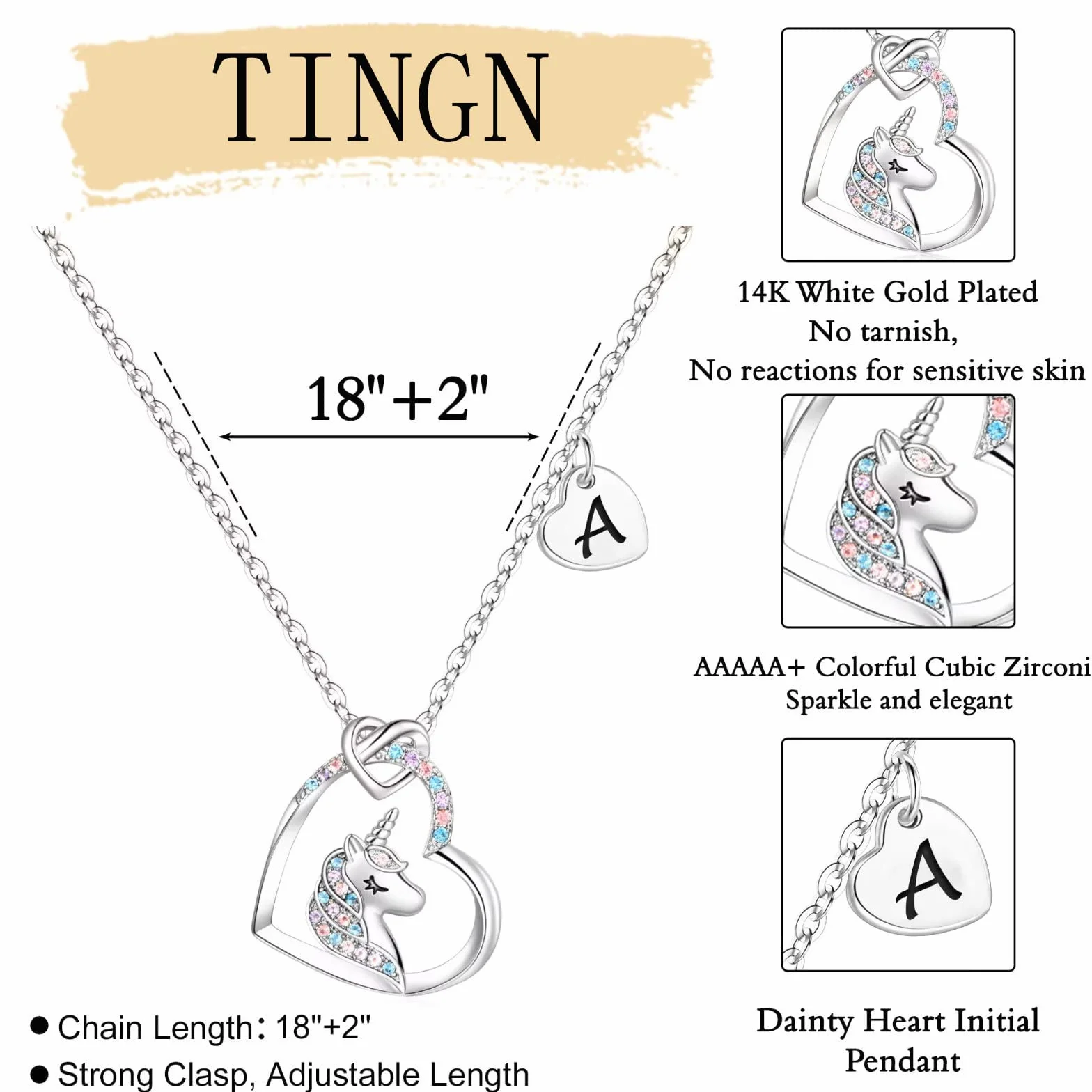 TINGN Collana Unicorno Regali per Ragazze, Ciondolo Cuore Iniziale Placcato Oro Bianco 14k CZ Collana con Iniziale Unicorno per Ragazze Compleanno Unicorni Regali per Ragazze Gioielli da Donna