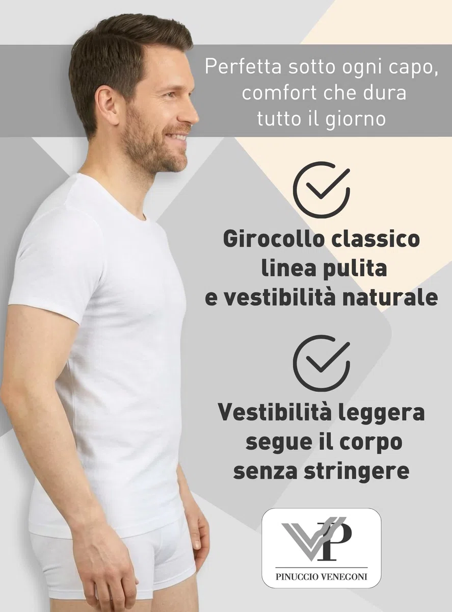 VP PINUCCIO VENEGONI Set da 2 Magliette Intime Uomo Cotone | Girocollo, Manica Corta, Bianche e Nere, Comfort Quotidiano | Made in Italy