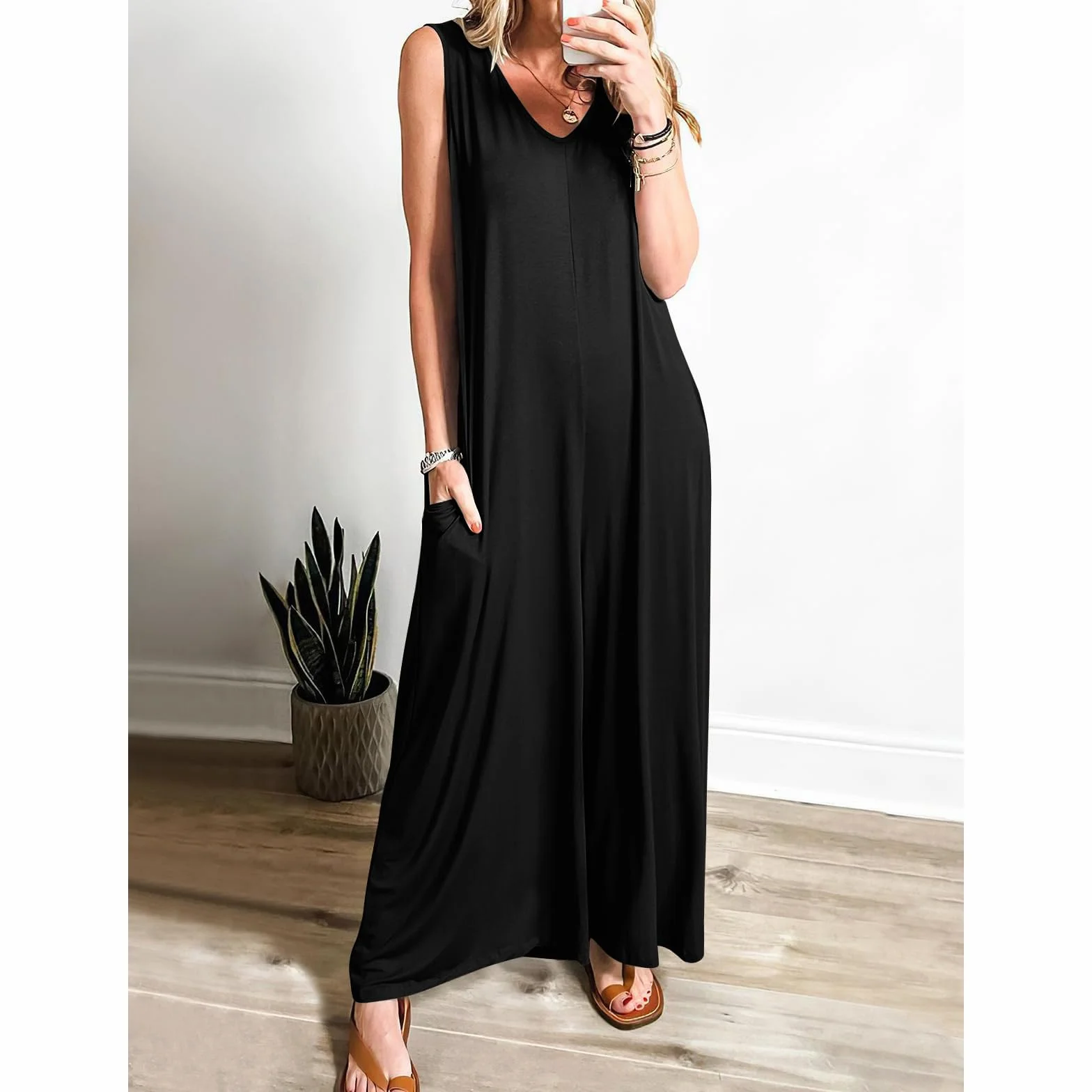 Salopette Donna Casual Baggy Jumpsuit Estiva Tuta Allentata Senza Maniche Overall Sciolto Gamba Larga Pantaloni Taglie Forti Comoda Pagliaccetto con Tasche