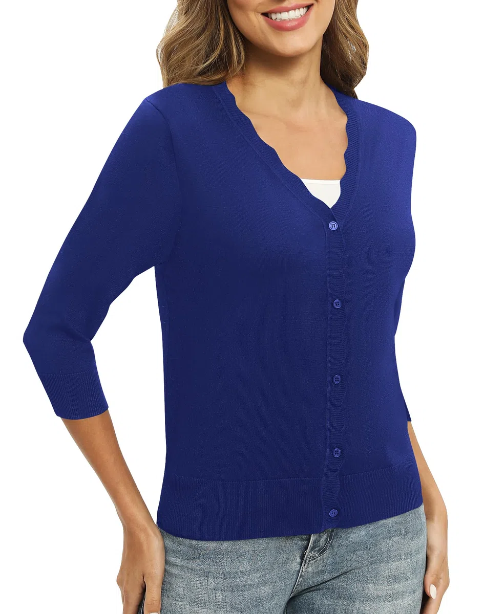 EXCHIC Donne 3/4 Manica Button Down Coprispalle Maglia Scollo a V Tinta Unita Elastico Leggero Cardigan per Vestito