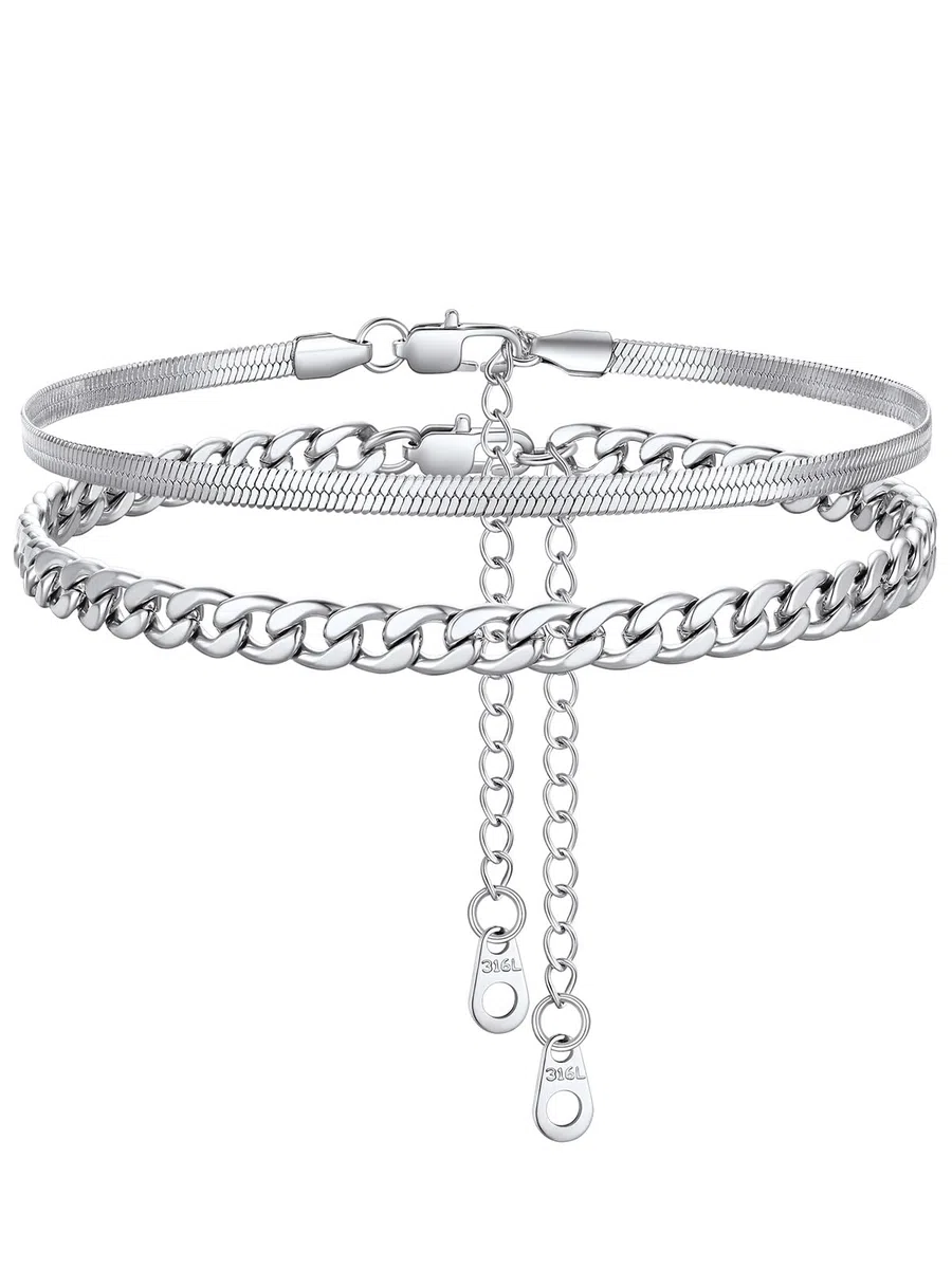 FindChic Set di Cavigliere Donna 2/3 Pezzi in Acciaio Inossidabile Impermeabile Argento/Oro/Nero a Catena Cubana Serpente Zirconia Cuore Gioielli Estate