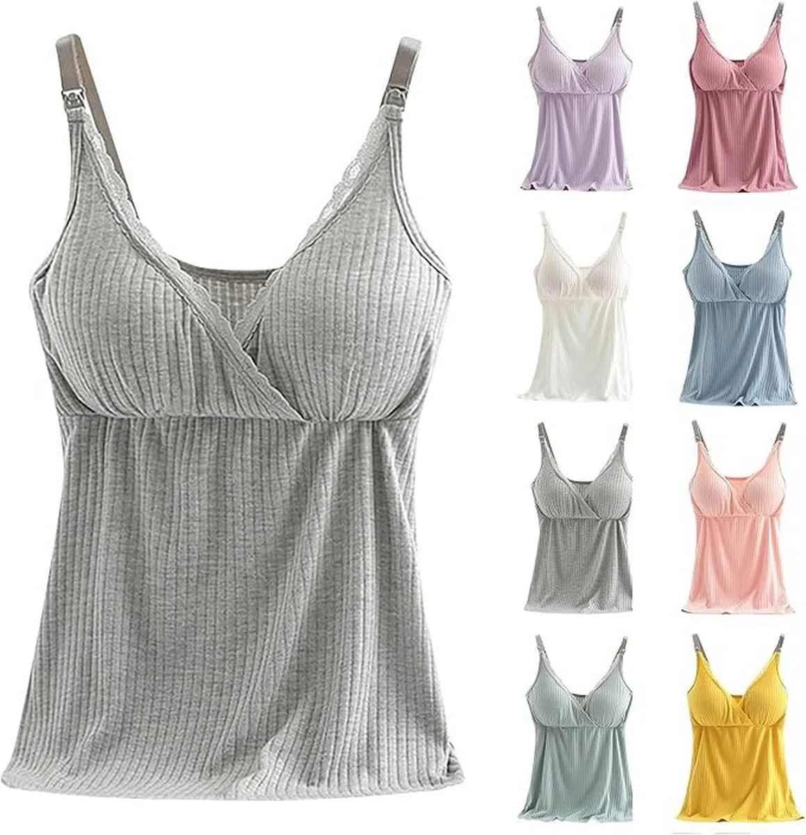 Confezione da 2 Canotta da Allattamento per Donna, Canottiera Pigiama Scollo a V in Pizzo con Cuscinetti Rimovibili per Dormire Allattamento Reggiseno Top Gravidanza Pigiama Canotte, M-3XL