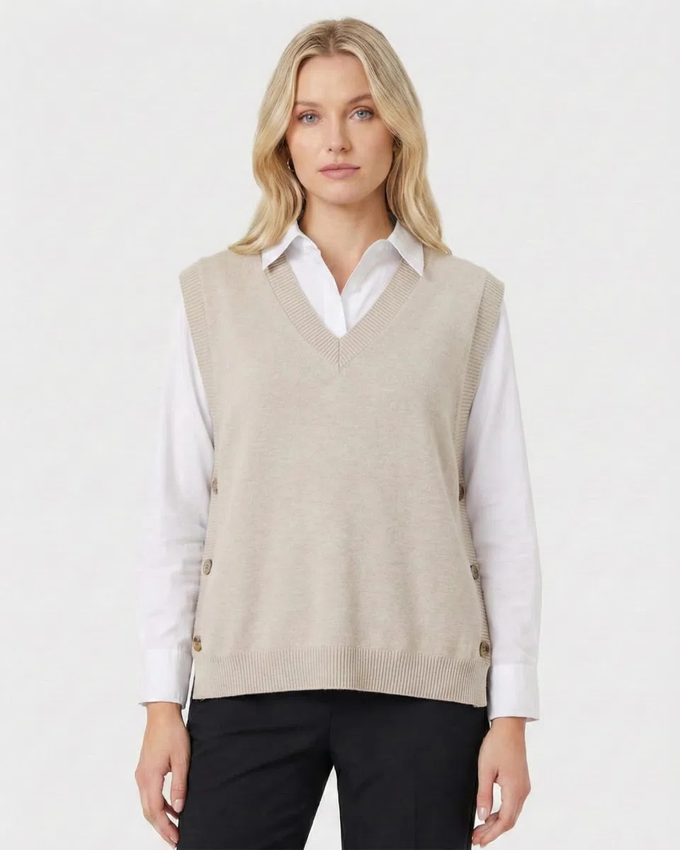 Maglione da donna con scollo a V, senza maniche, maglione, lavorato a maglia, con bottoni laterali, asimmetrie, canotte a costine