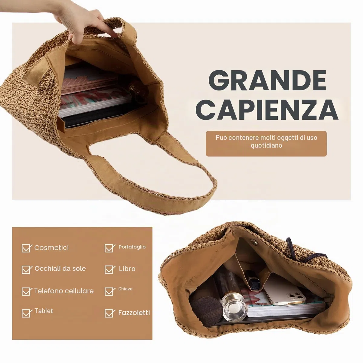 EVEOUT Borsa Tote in paglia intrecciato Donna Grande bohémien Borse a spalla in rafia per spiaggia vacanza l'Estate