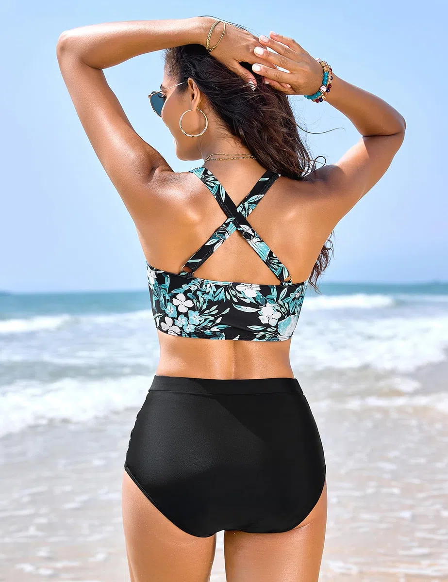 Tuopuda Costume da Bagno Donna a Vita Alta in Due Pezzi,Top Bikini Push up con Scollo a V e Slip per Il Controllo della Pancia,Schiena Incrociata Costumi da Bagno