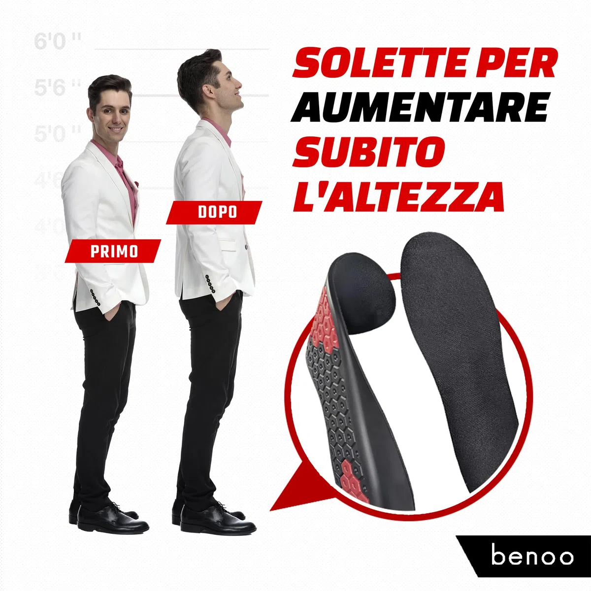 Solette rialzanti per uomo (+2,5 cm) – Tallonette regolabili, comode e ritagliabili per un aumento istantaneo dell'altezza. Rialzi per scarpe con inserti adattabili (43-45)