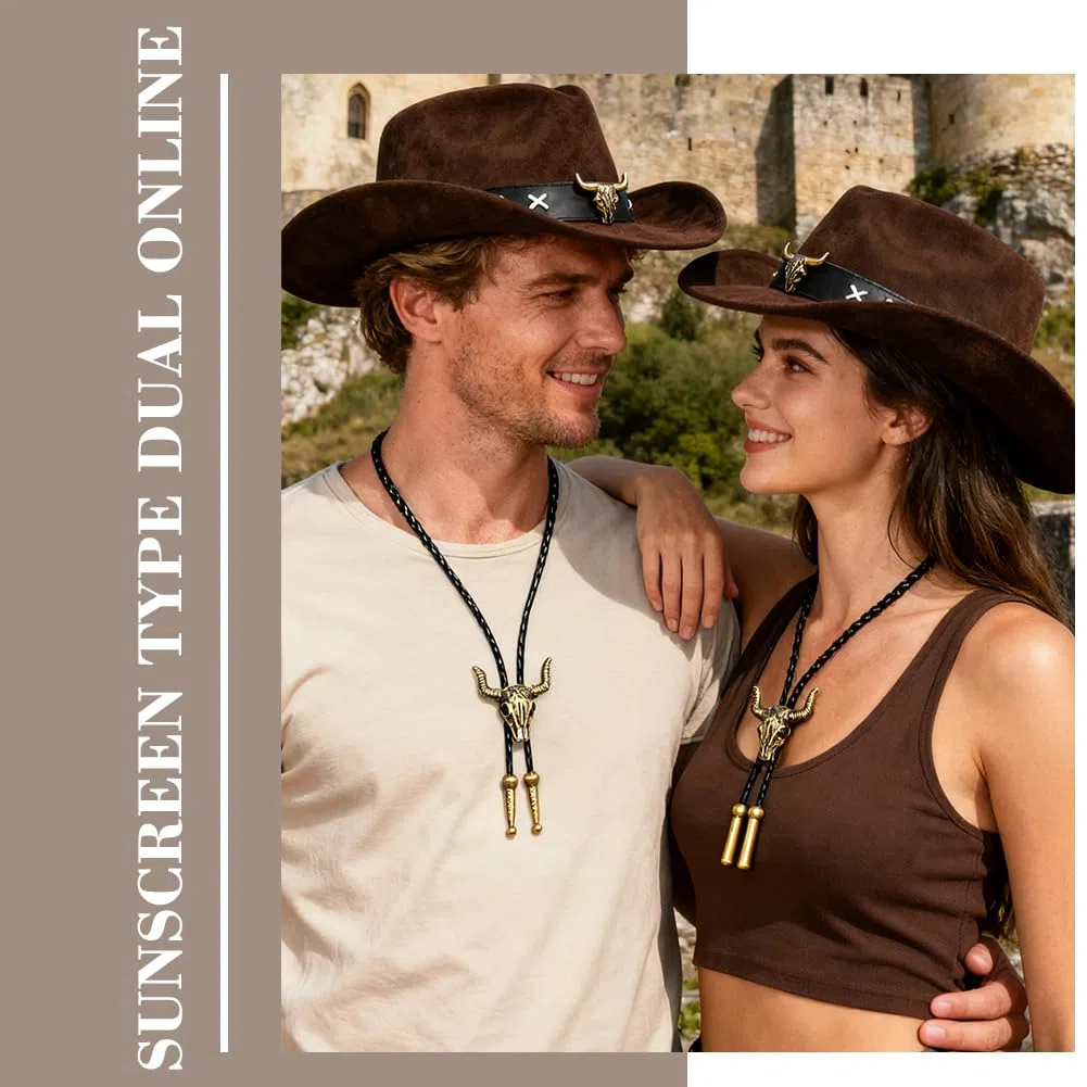 Cappello da Cowboy Western con dettagli testa di toro e cuciture X, cravatta in pelle e fascia per cappello inclusi, accessorio per Carnevale, Halloween e feste a tema Western, regalo