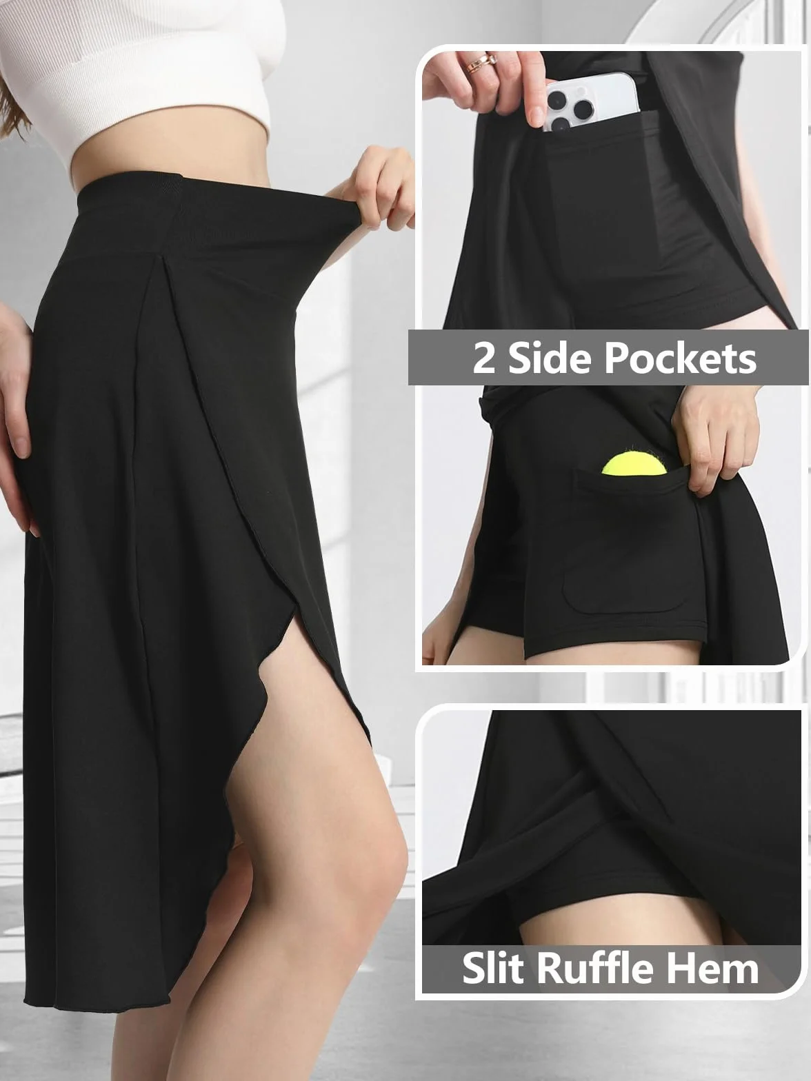 Bezioner Gonna Pantalone Donna Lunga con Pantaloncini e Tasche Midi Gonne Sportiva Orlo a Volant con Spacco Skort Tennis Golf