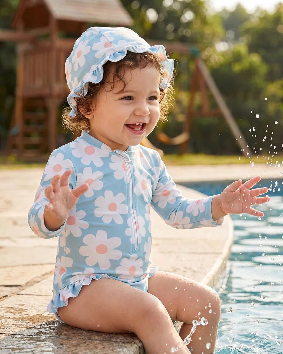 DivingBirds Costume da Bagno Bambina e Neonata, Costume Intero a Maniche Lunghe con Protezione Solare UV e Cappellino Abbinato, Costume Mare Bimba 3 Mesi - 4 Anni