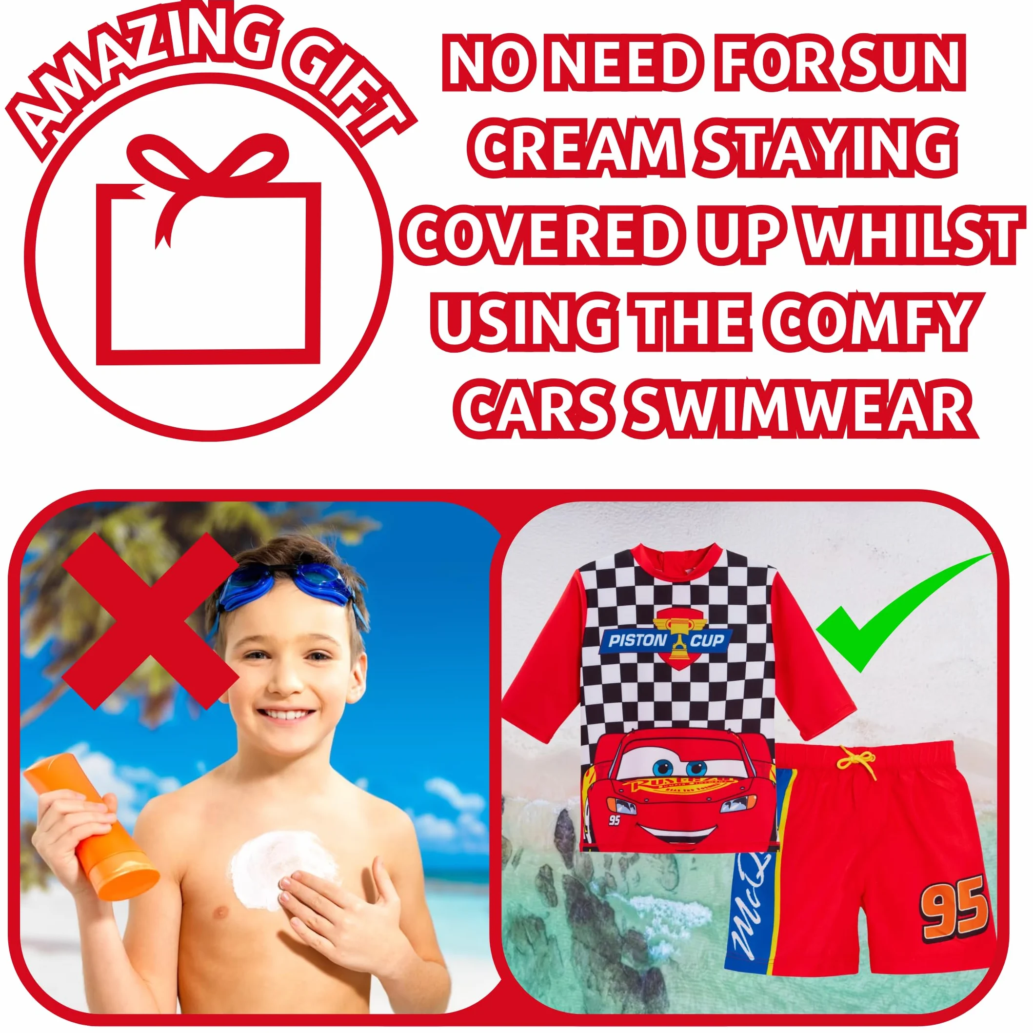 Disney Pantaloncini da Bagno per Ragazzi Cars + Rash Vest Lighting McQueen Set da Bagno in 2 Pezzi Top da Surf per Bambini + Pantaloncini da Surf Set da Nuoto