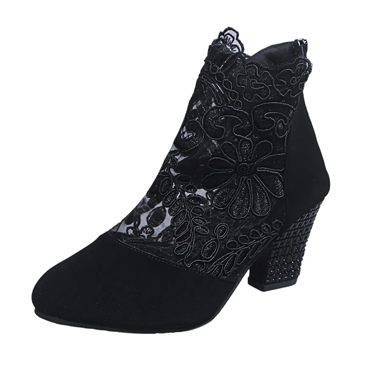 Generico Stivali da Donna in Tulle Vuoto Ricamato Stivaletti con Tacco Largo Corti Elegante Estivi in Pizzo Floreale con Giunzione con Cerniera