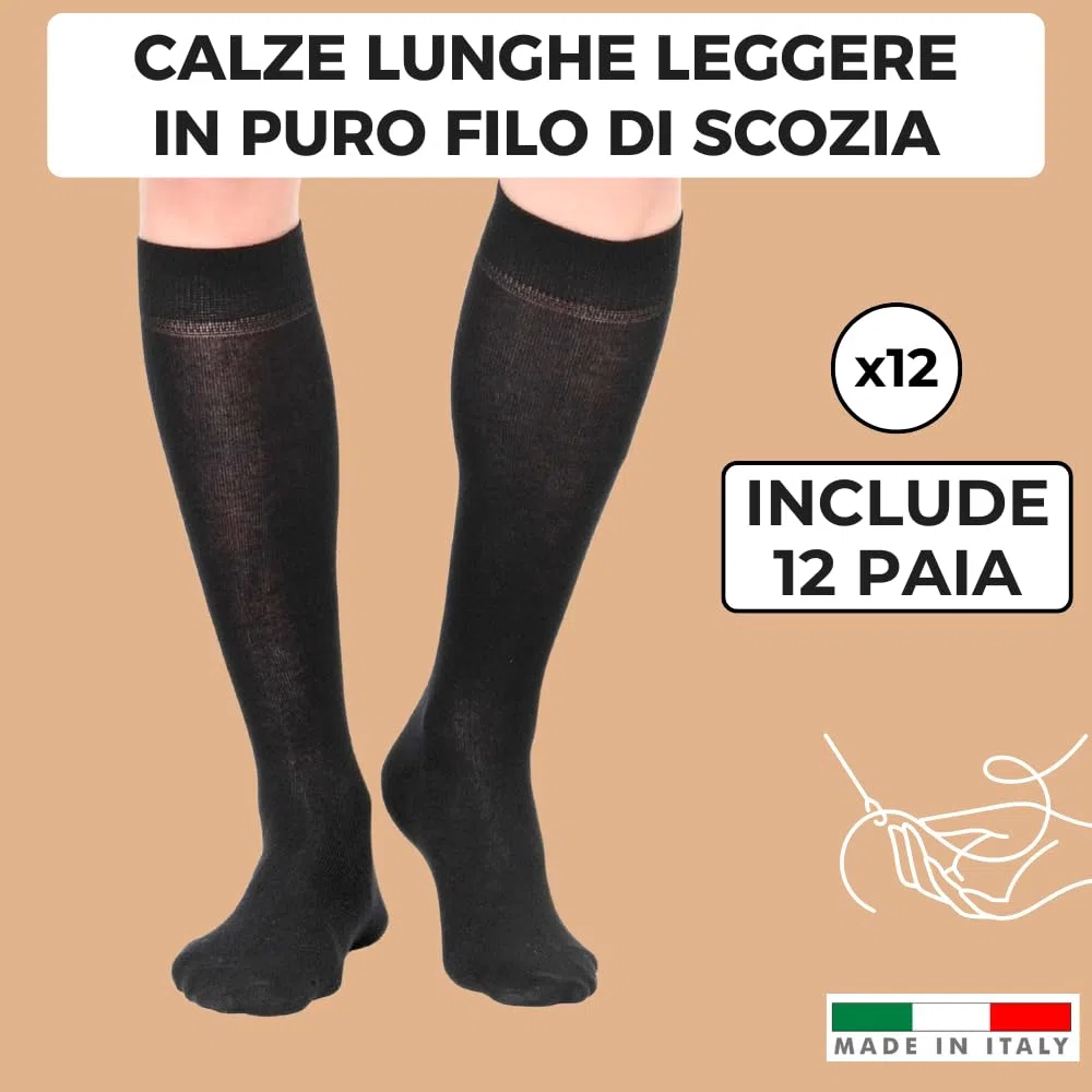 Infinity 12 paia Calze Lunghe Uomo Cotone Filo di Scozia Elasticizzato, Calze Uomo Lunghe Eleganti per Lavoro D'Ufficio, Calzini in Tessuto Fresco e Traspirante, Manifattura Made in Italy