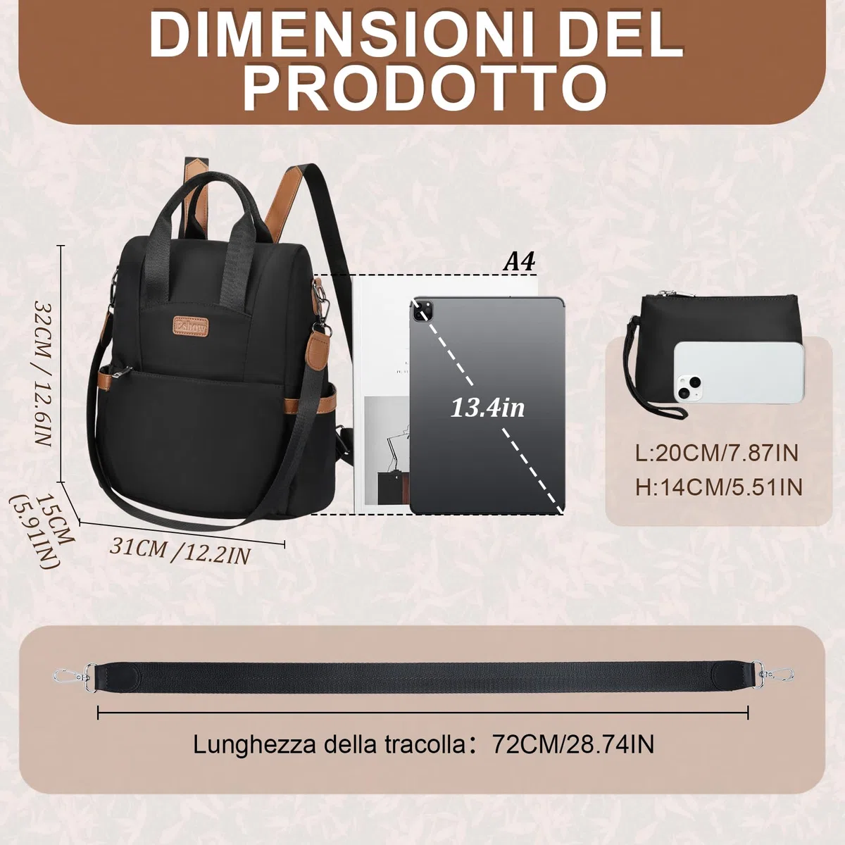 Eshow Zaino Donna Antifurto, Zainetto Elegante con Tracolla, Borsa Zaini 3 in 1 per Viaggio Scuola Lavoro Shopping Università