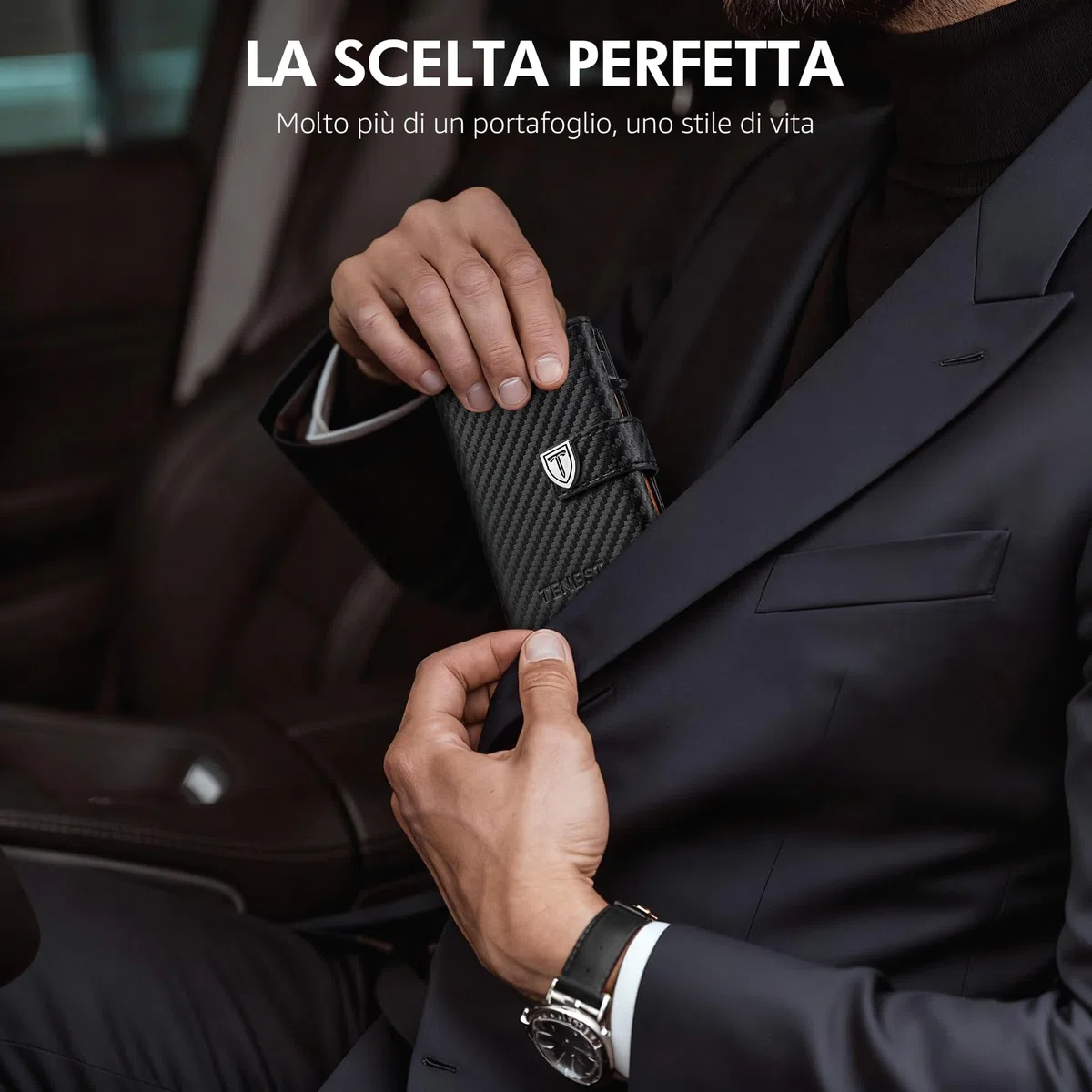 TENBST Portafoglio Uomo - Ultrasottile Pochette Uomo con Tasca Portamonete & Protezione RFID, Porta tessere piccolo premium, Porta carte di credito di lusso per 10 carte di credito (Nero & Arancione)