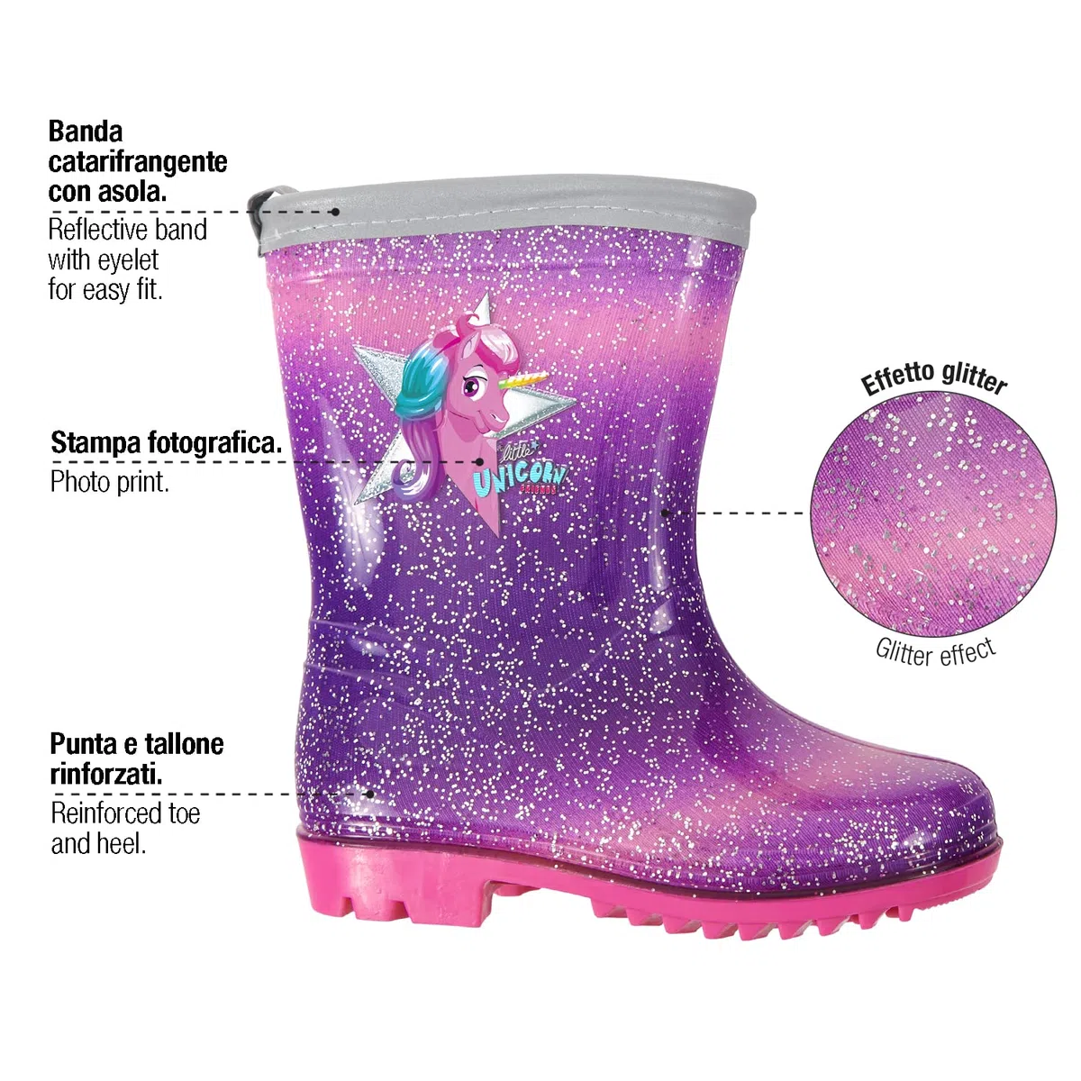 PERLETTI Stivali Pioggia da Bambina con Unicorno Rosa - Stivaletti Impermeabili per Bambine con Baby Unicorn e Glitter - Galosce in PVC e Suola Antiscivolo con Bordo Riflettente - Cool Kids