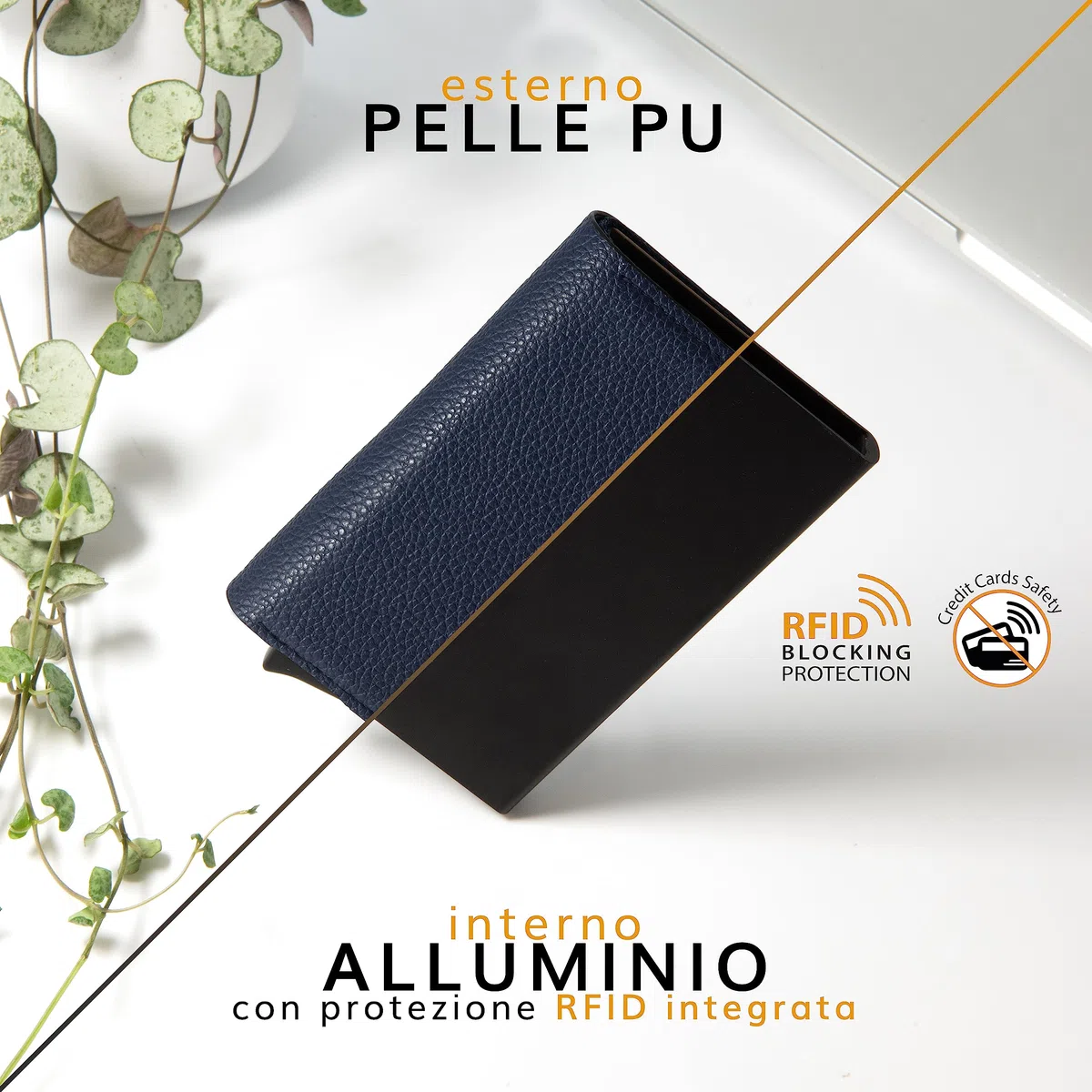 GUGGIARI® Porta Carte Credito Uomo in Pelle - Portacarte RFID in Alluminio con Porta Monete e Tasca di Cortesia con Chiusura Magnetica - Portafoglio Uomo Slim - Leather -Blue
