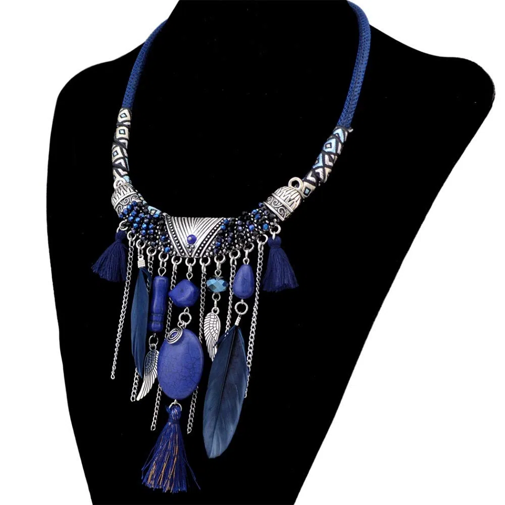 Collane a Catena in Pelle con Ciondolo in Piuma Marrone Blu Etnico Fatto a Mano for Gioielli tribali da Donna Anniversario Festa Bohémien (Color : Brown)