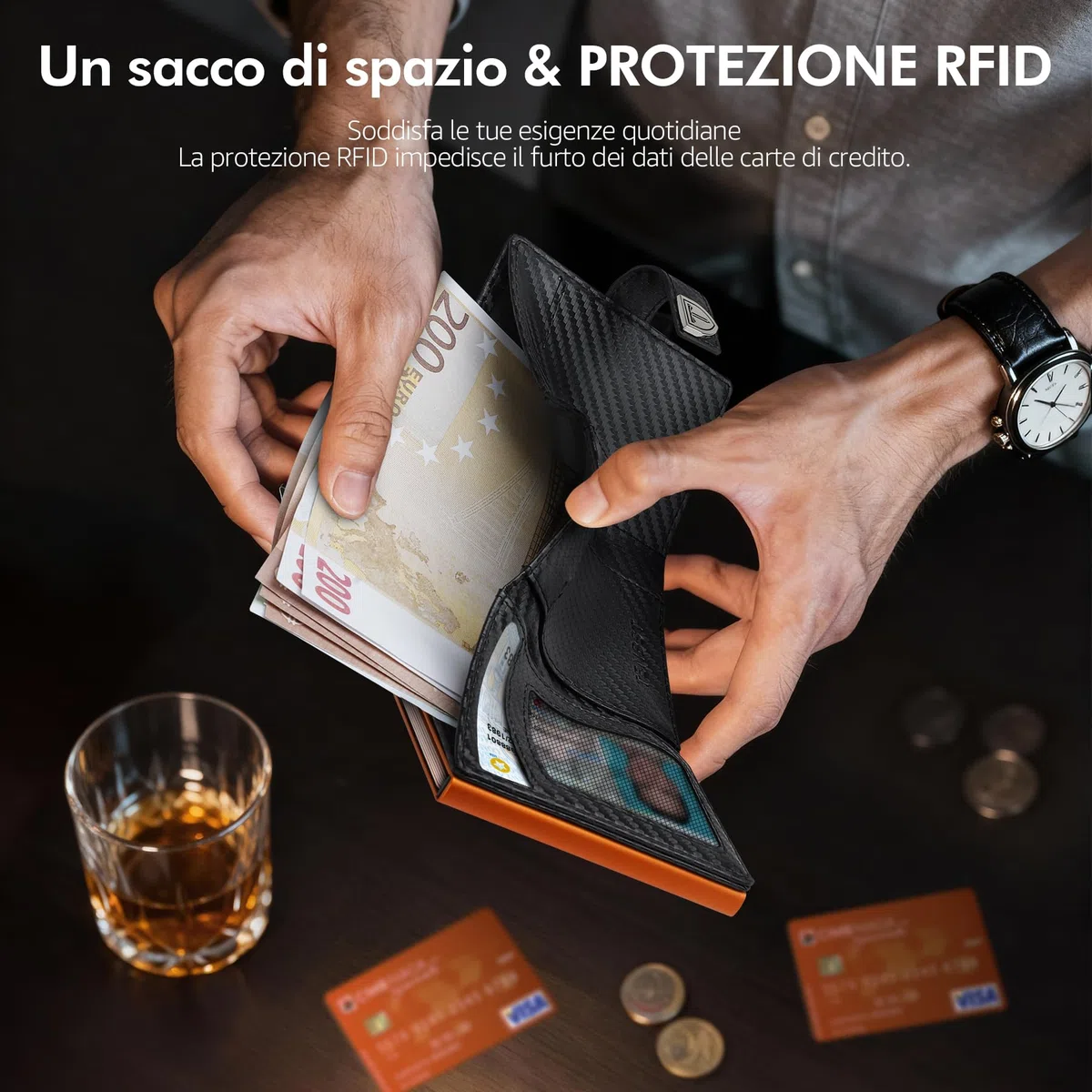 TENBST Portafoglio Uomo - Ultrasottile Pochette Uomo con Tasca Portamonete & Protezione RFID, Porta tessere piccolo premium, Porta carte di credito di lusso per 10 carte di credito (Nero & Arancione)