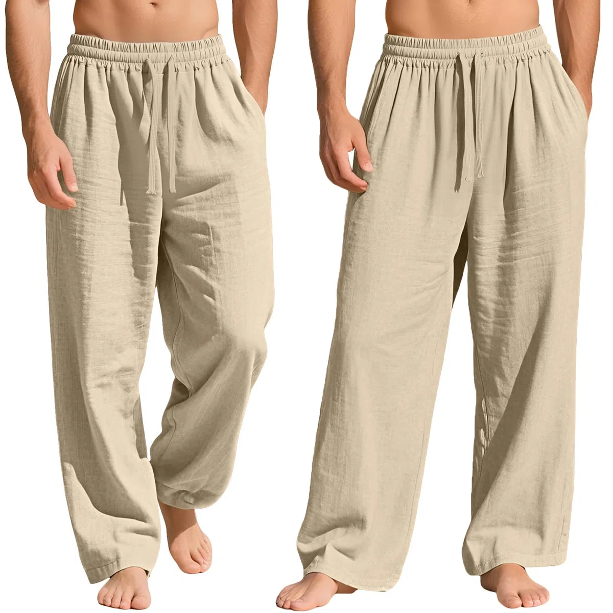 Nuofengkudu Pantaloni Cotone Lino Uomo Estivi Larghi Leggeri Traspirante 3 Tasche Elastico in Vita Coulisse Comodi Gamba Larga Yoga Pantalone Vacanza Casual Casa Spiaggia