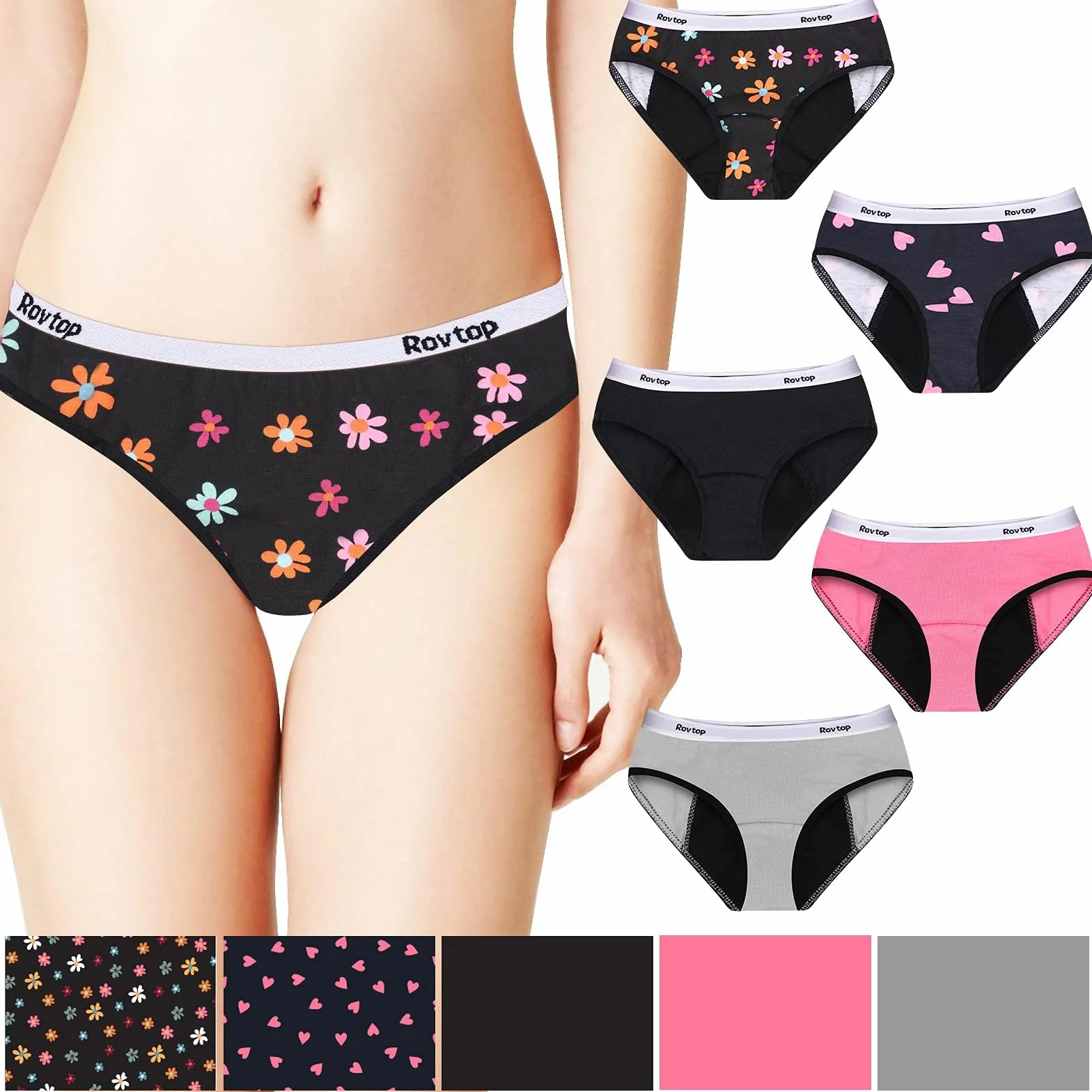 Rovtop Girls Menstrual Period Pants Teenager, Kids 5Pcs Soft Cotton Menstrual Briefs, Period Knickers Girls Leak-Proof, Clean And Washable, Teenage Menstrual Underwear for 8-16 Years Black