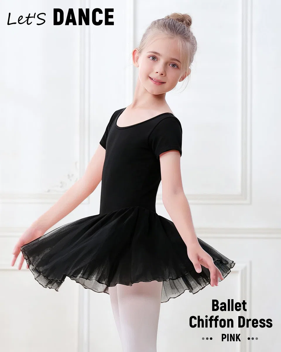 Ragazza Vestito da Balletto,Body da Balletto a Maniche Corte per Bambine, Body da Balletto in Cotone e Abito da Danza per Bambine con Gonna in Chiffon