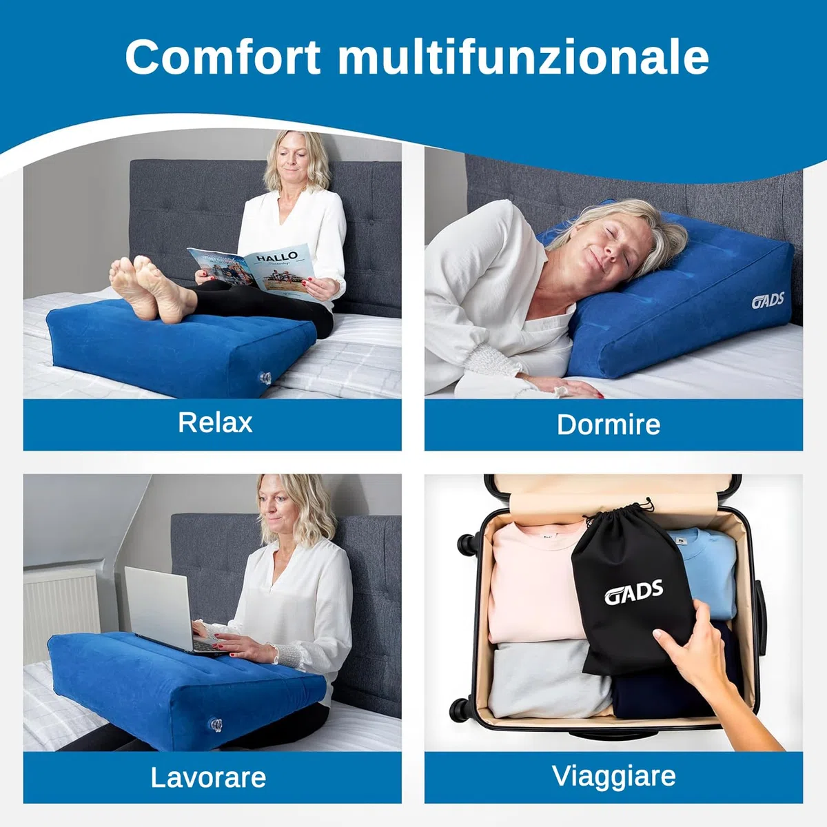 Cuscino gonfiabile a cuneo per dormire e comodità: cuscino a cuneo portatile da viaggio, cuscino gonfiabile per il supporto