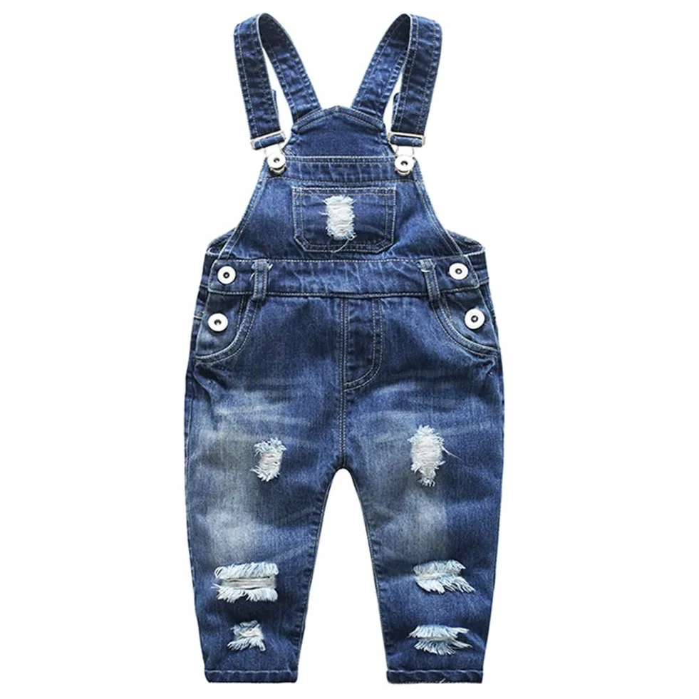 KIDSCOOL SPACE Salopette di Jeans per Bebè,Salopette Jean con Fori Strappati Alla Moda